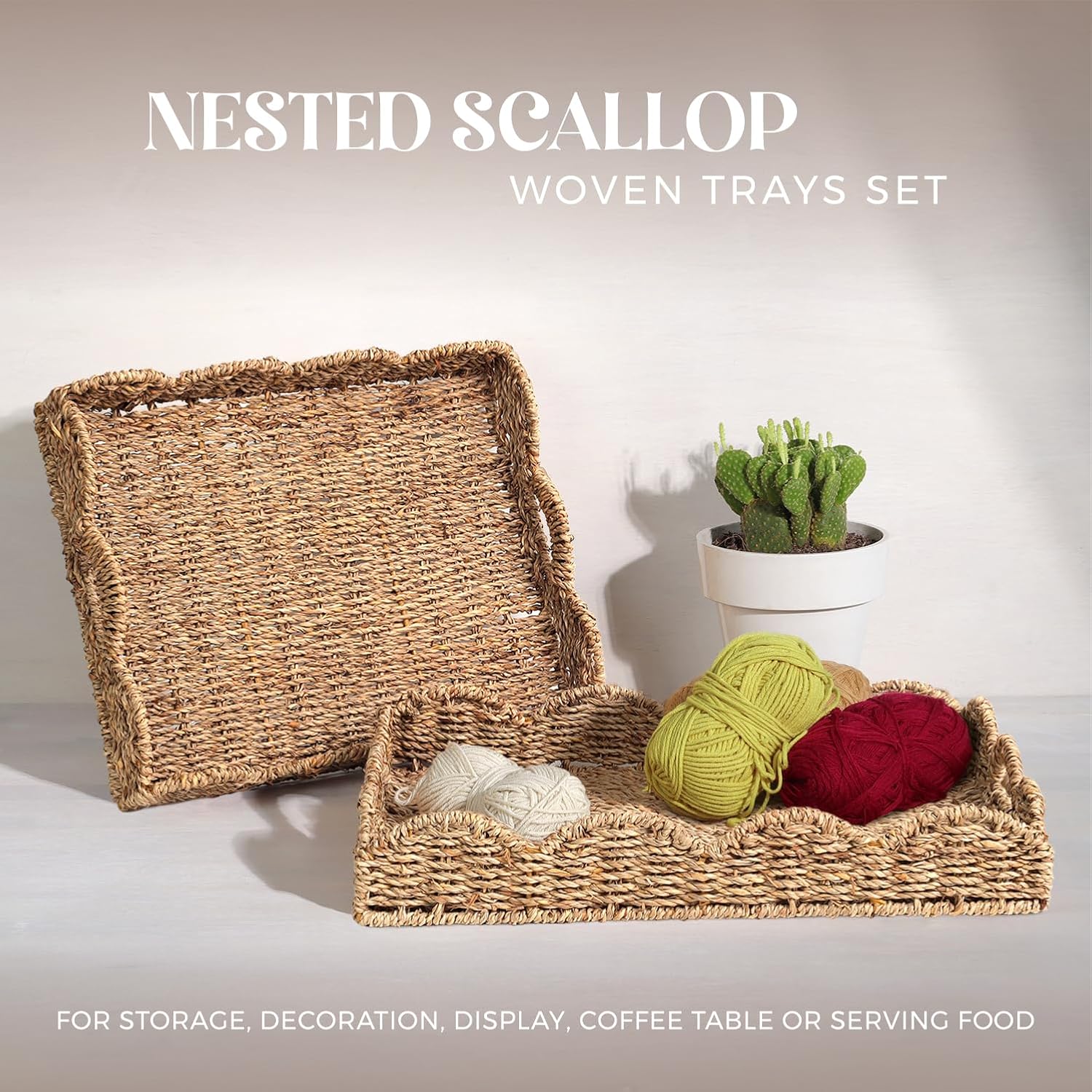 Scalloped Seagrass Tray / Dark Brown / 17 x 13 x 3 / Set of 2