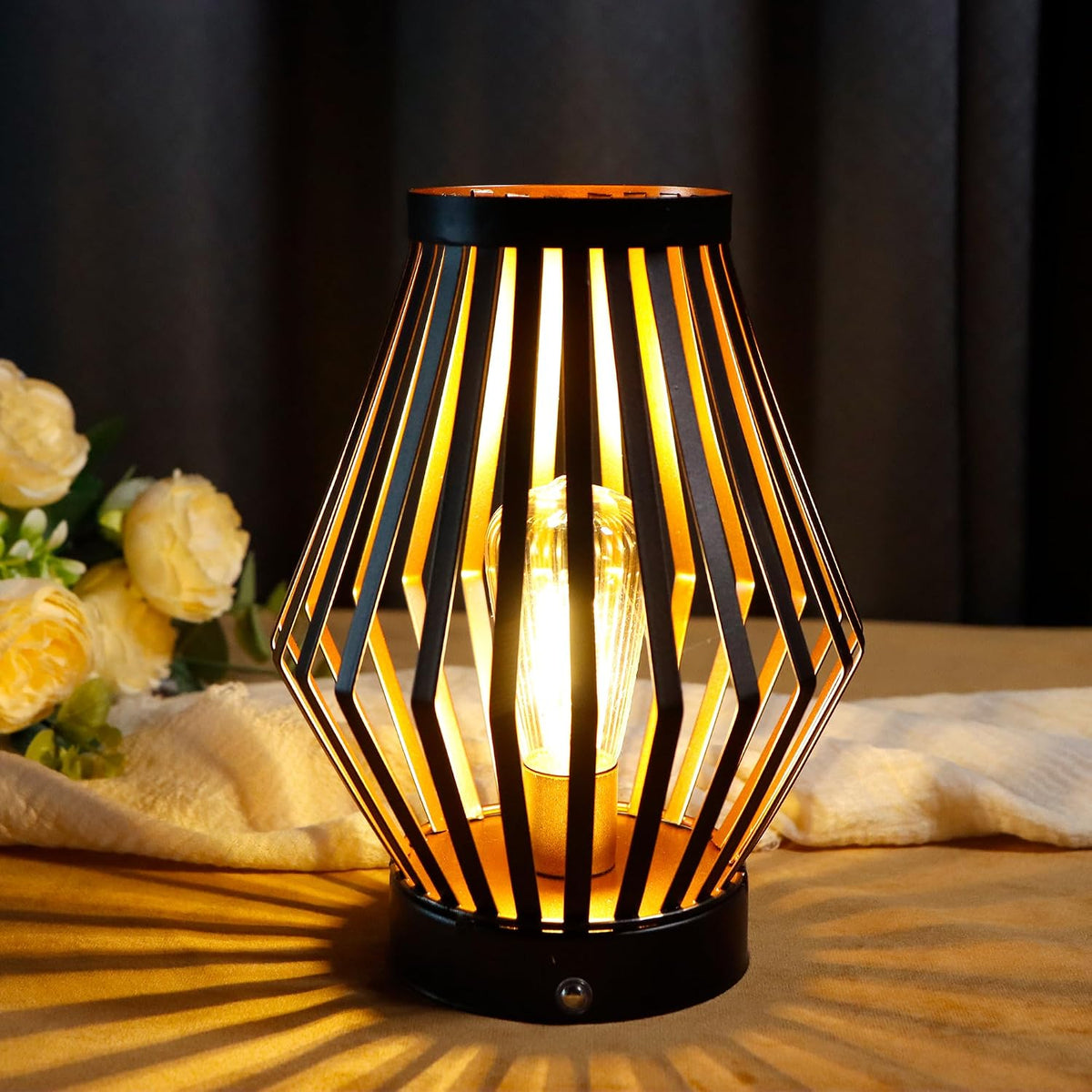 JHY DESIGN Set of 2 Dimmable Bedside Table Lamp 8.5''H Rechargeable Metal Cage Lantern with LED Edison Style Bulb
