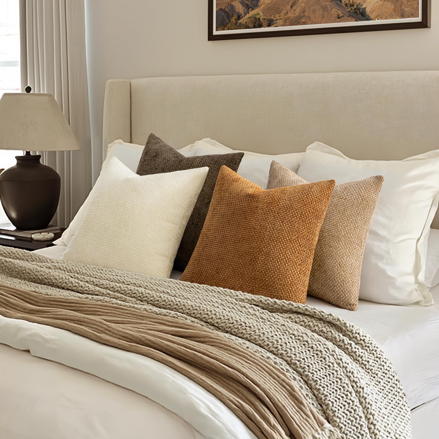 Couch Throw Pillow Covers Soft Decorative Chenille Pillows Farmhouse / 18 x 18 / Brown / Set of 4