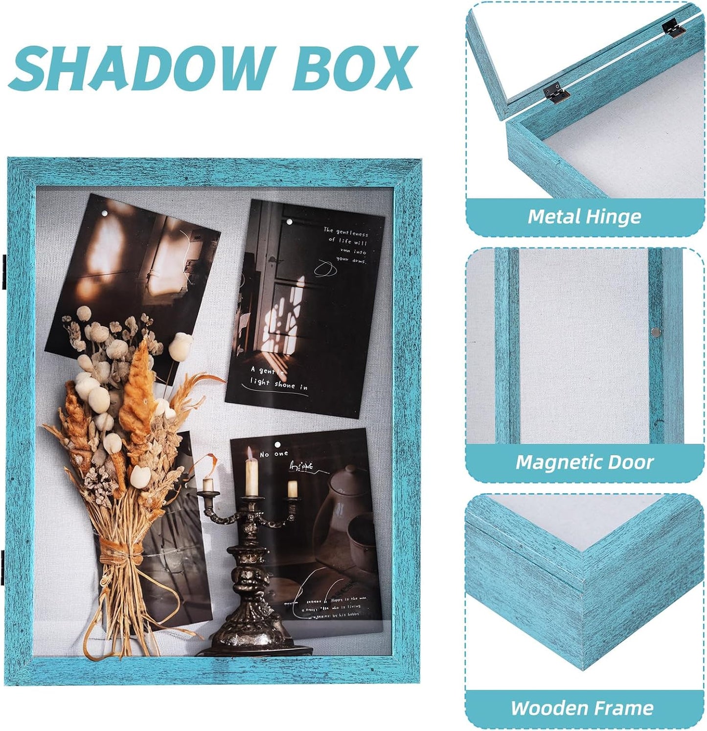 Muzilife 11x14 Shadow Box Picture Frame, 2.16 Deep, HD Glass, Rustic Blue | FSC-Wood, Magnetic Door, Linen Interior &