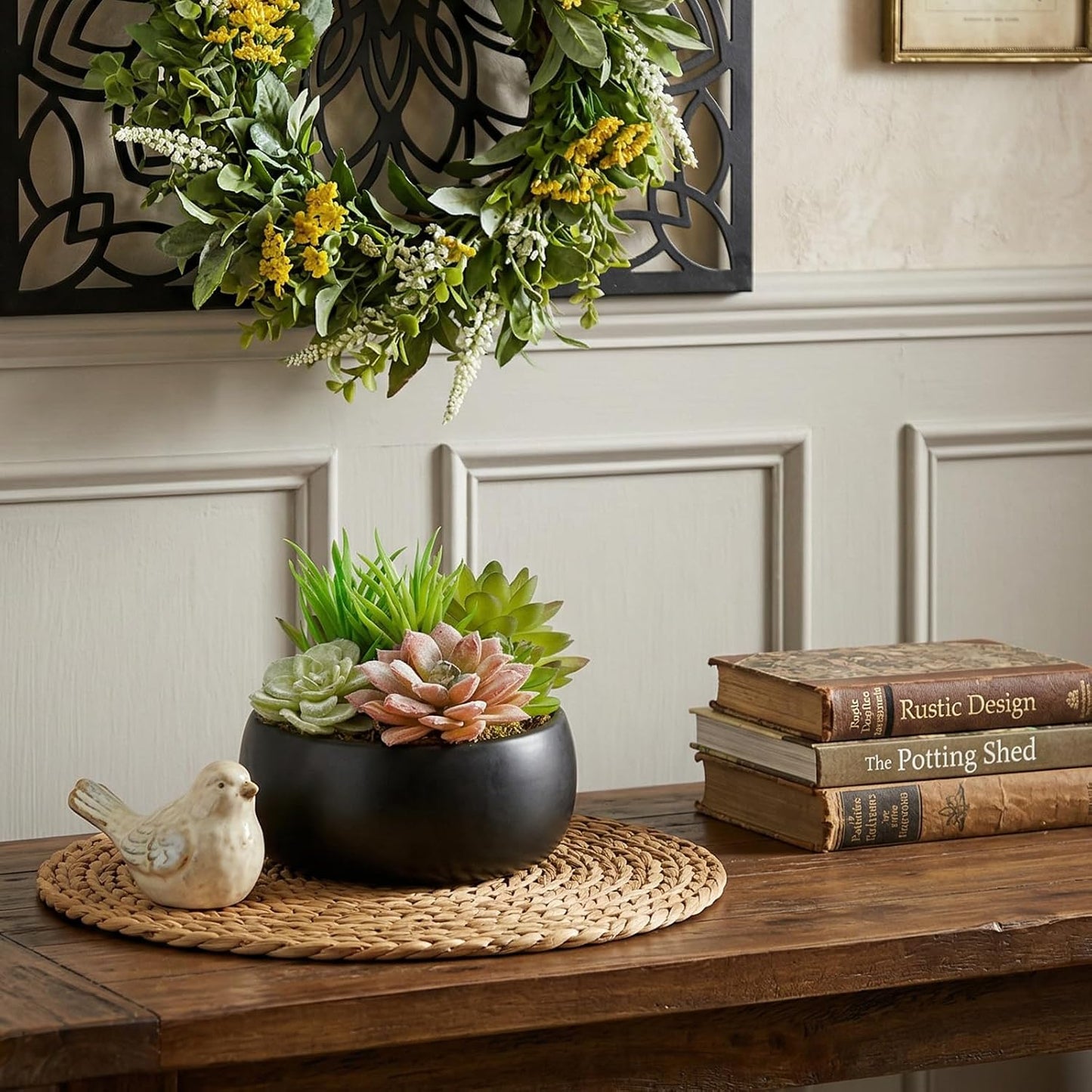 Fake Plant Arrangement in Ceramic Planter Bowl / Black