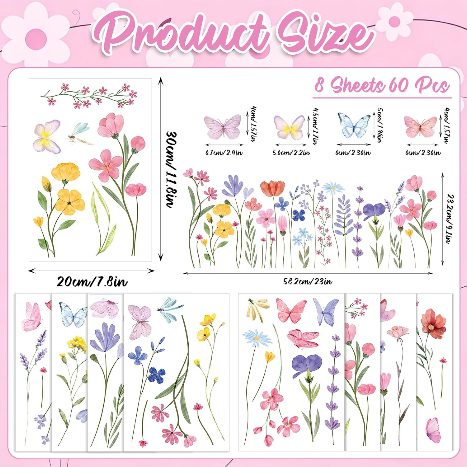 Flower Wall Decals / Flower Butterfly / Set of 60