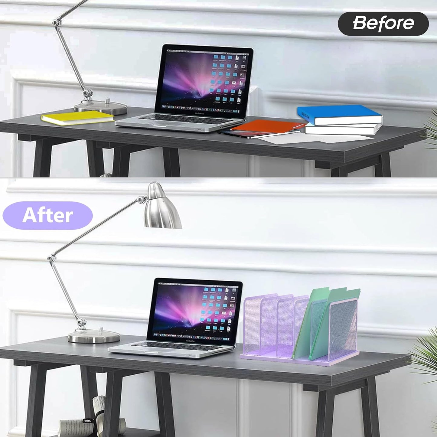 Kuntine.B 5-Section Upright Desk File Organizer Purple 1 Pack | Vertical, Mesh, Metal, Assembly, Stability, Sturdiness