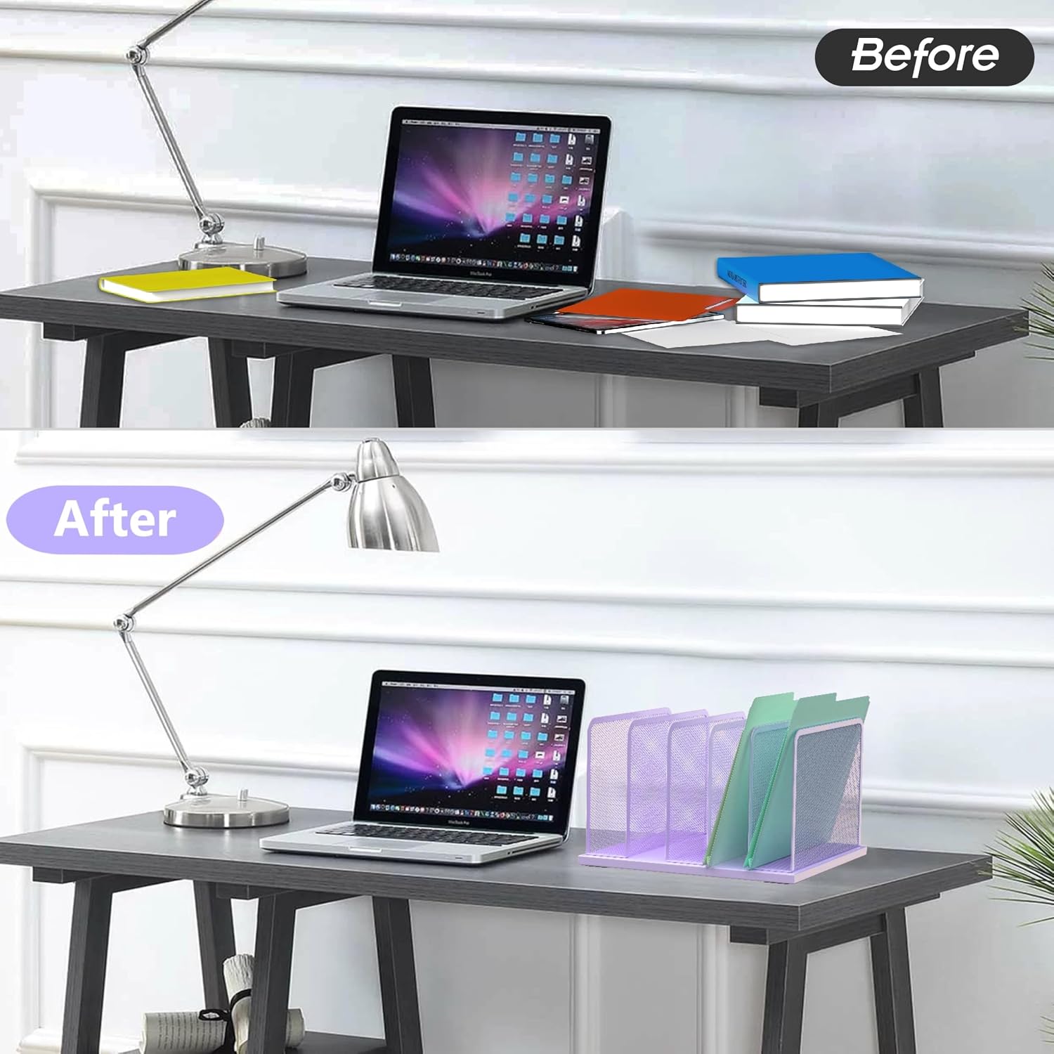 Kuntine.B 5-Section Upright Desk File Organizer Purple 1 Pack | Vertical, Mesh, Metal, Assembly, Stability, Sturdiness