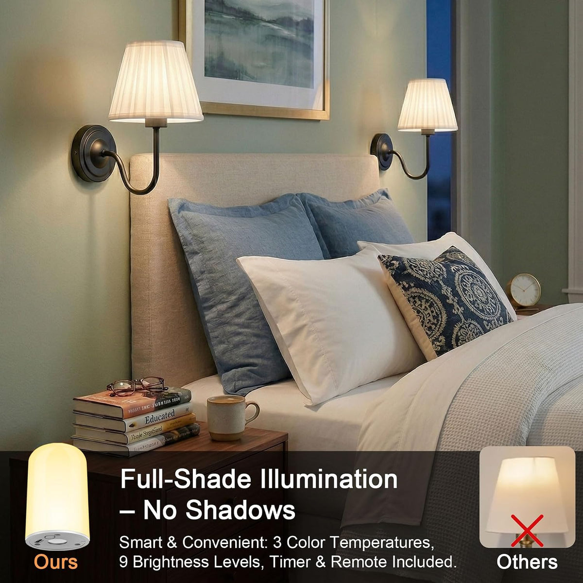 Black Wireless Wall Sconce Set of 2, Battery Operated Wall Sconce Lights with 3 CCT Color & Dimmable Magnetic Bulb and