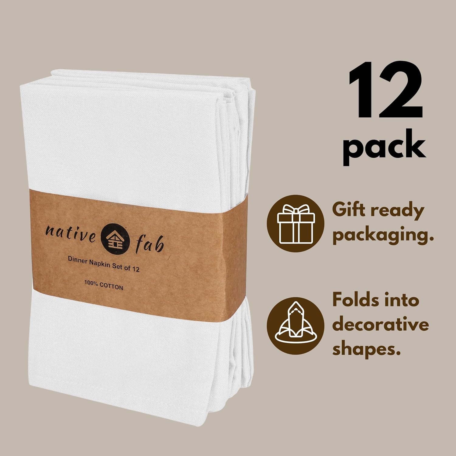 Native Fab Cloth Napkin Set of 12, 100% Cotton, Washable Fabric, Reusable Cloth Napkin 17x17 inches, Table Decor