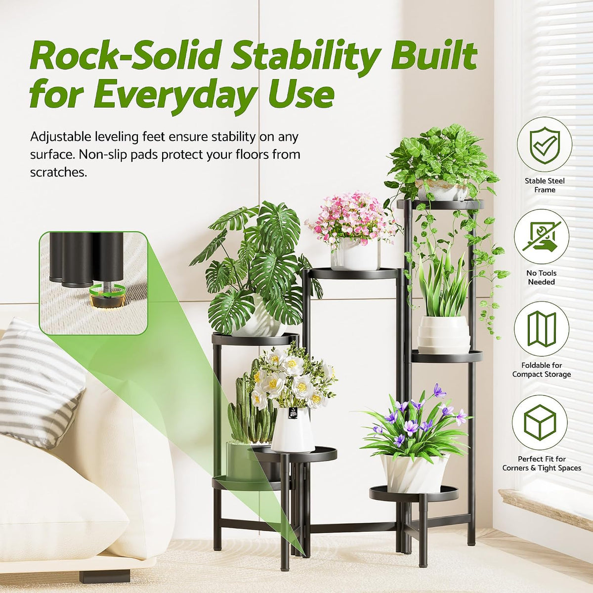 7 Tier Large Tiered Plant Stand Indoor, 7.9 Inch Wide Tall Corner Metal Plant Stands Outdoor for Multiple Plants