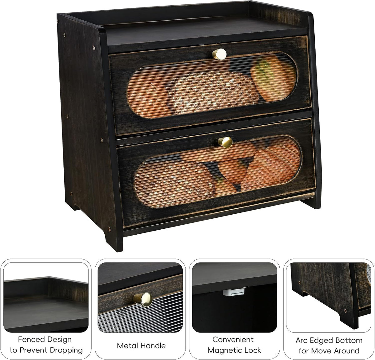 2-Tier Black Bread Box for Kitchen Countertop with Window | Farmhouse Bread Storage Container, Large Pantry Organizers