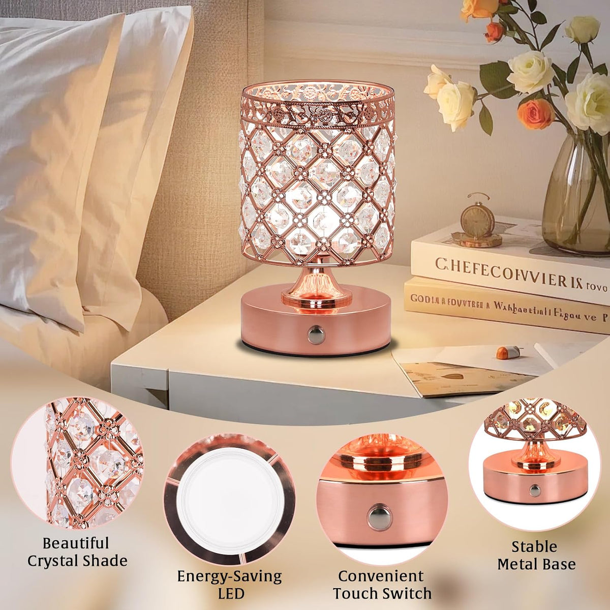 Rose Gold Small Crystal Rechargeable Cordless Table Lamps Set of 2 | 6000mAh Battery, 3 Color Temps, Stepless Dimming