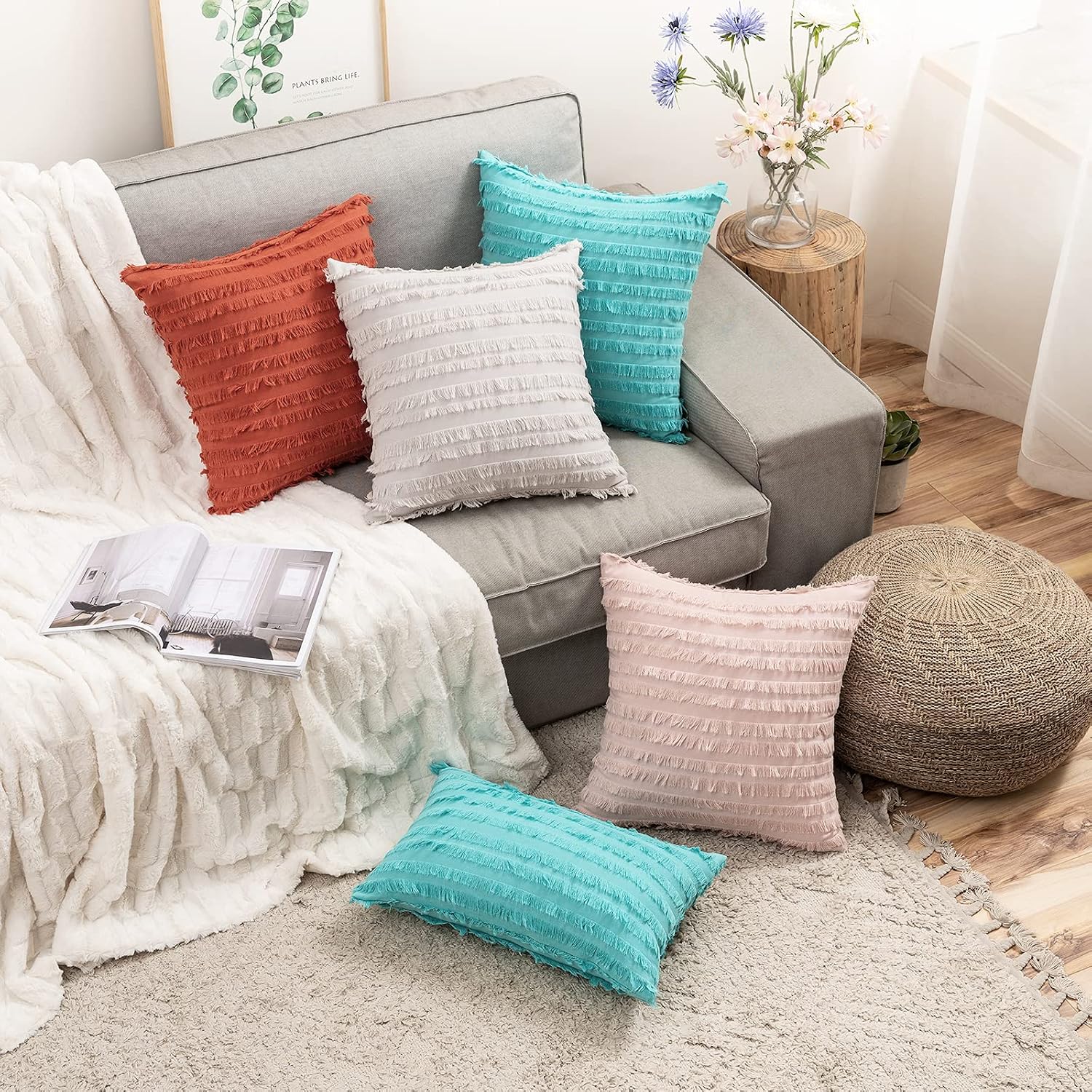 Fall Decorative Boho Throw Pillow Covers Linen Striped Jacquard / 16 x 16 / Burnt Orange / Set of 2