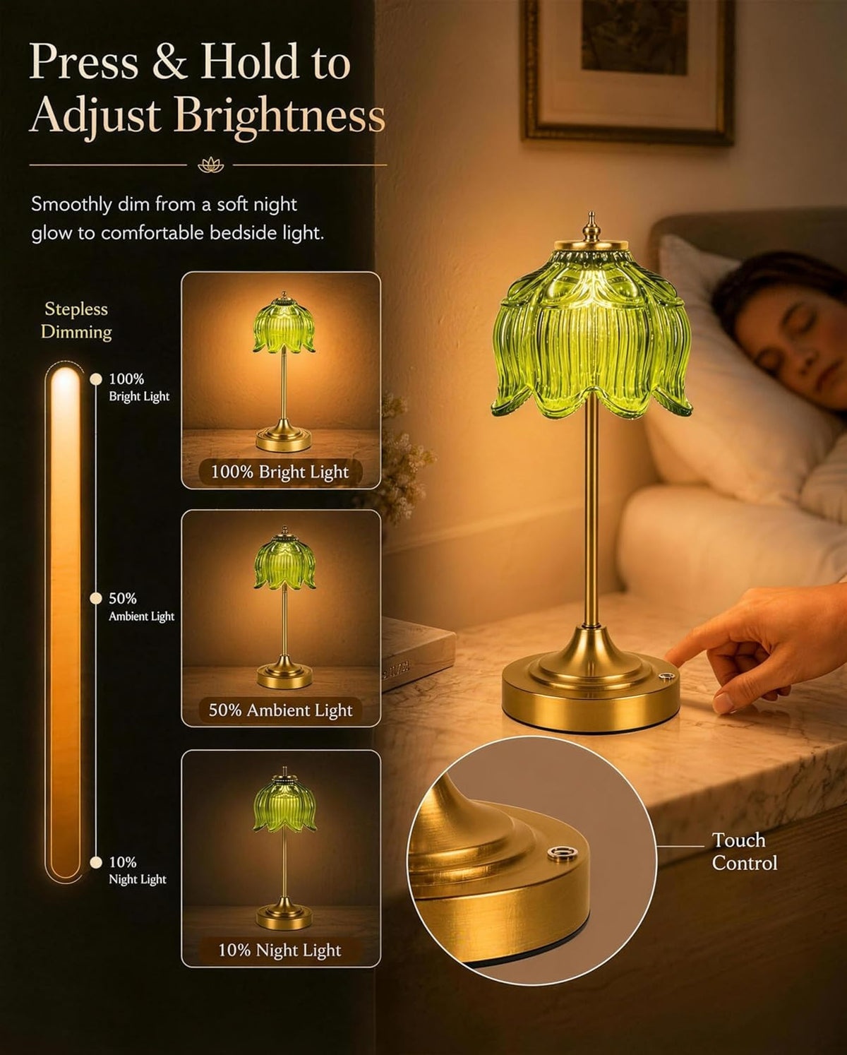 Lotus Flower Cordless Rechargeable Table Lamp, 3 Color Modes, Touch Control | 5200mAh Battery Powered Glass Table Lamp