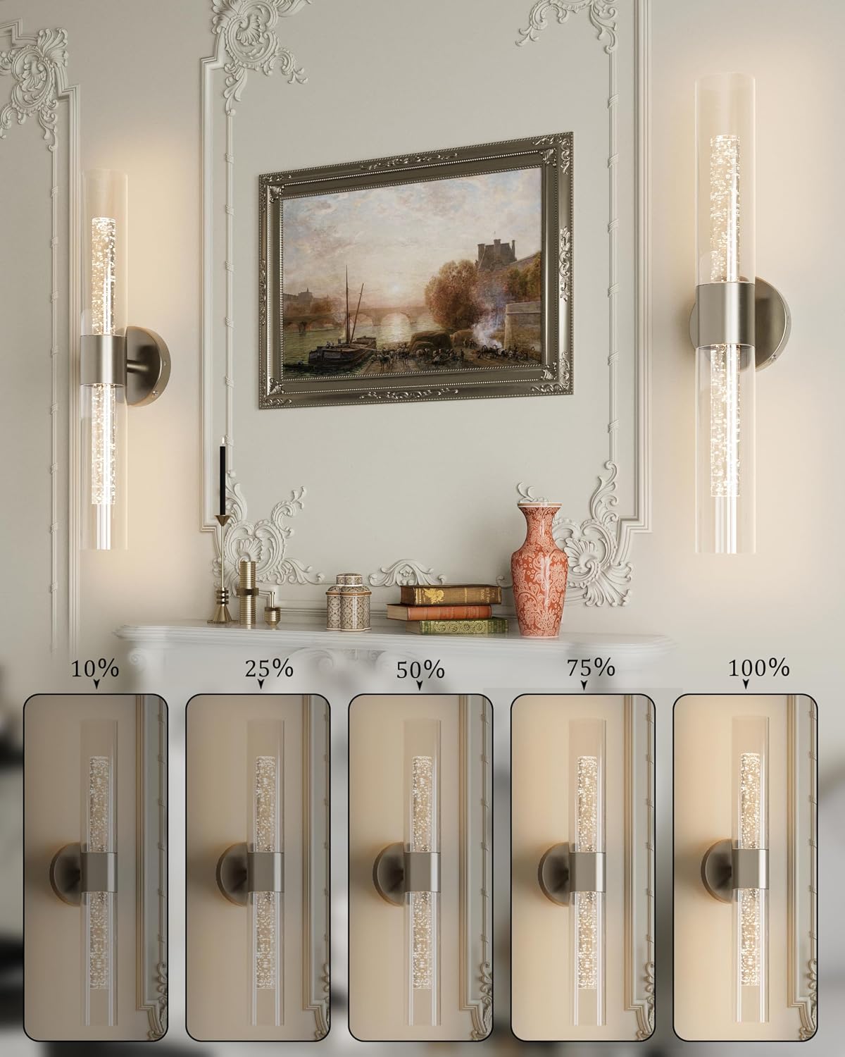 Nickel Wall Sconces Battery Operated with Remote Control, 21.5 Inch 3CCT | Rechargeable Wall Sconce with Timer