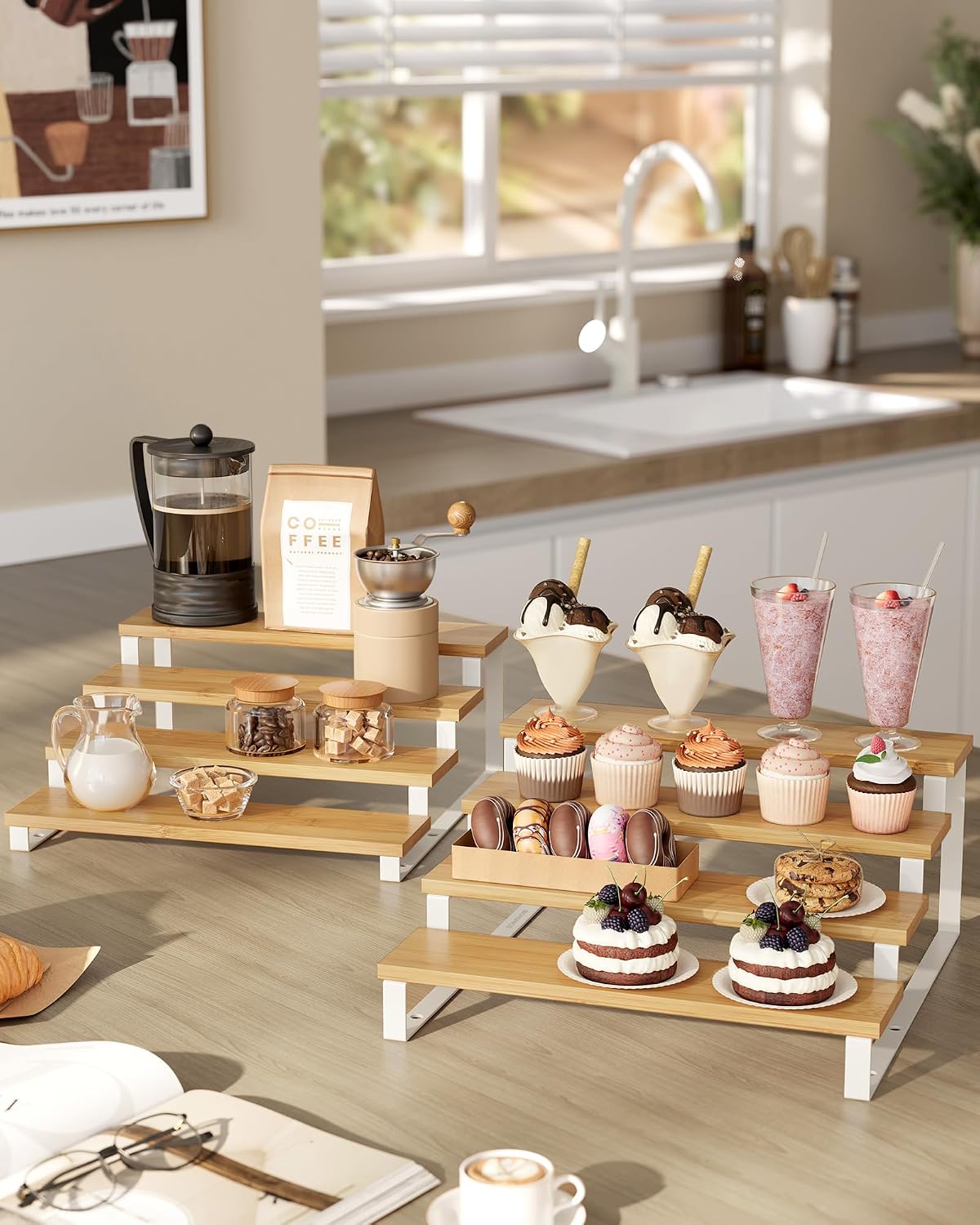 SONGMICS Display Risers, Set of 2 Engineered Wood Perfume Organizer Stand, 4-Tier Cupcake Stand Holder, Spice Rack