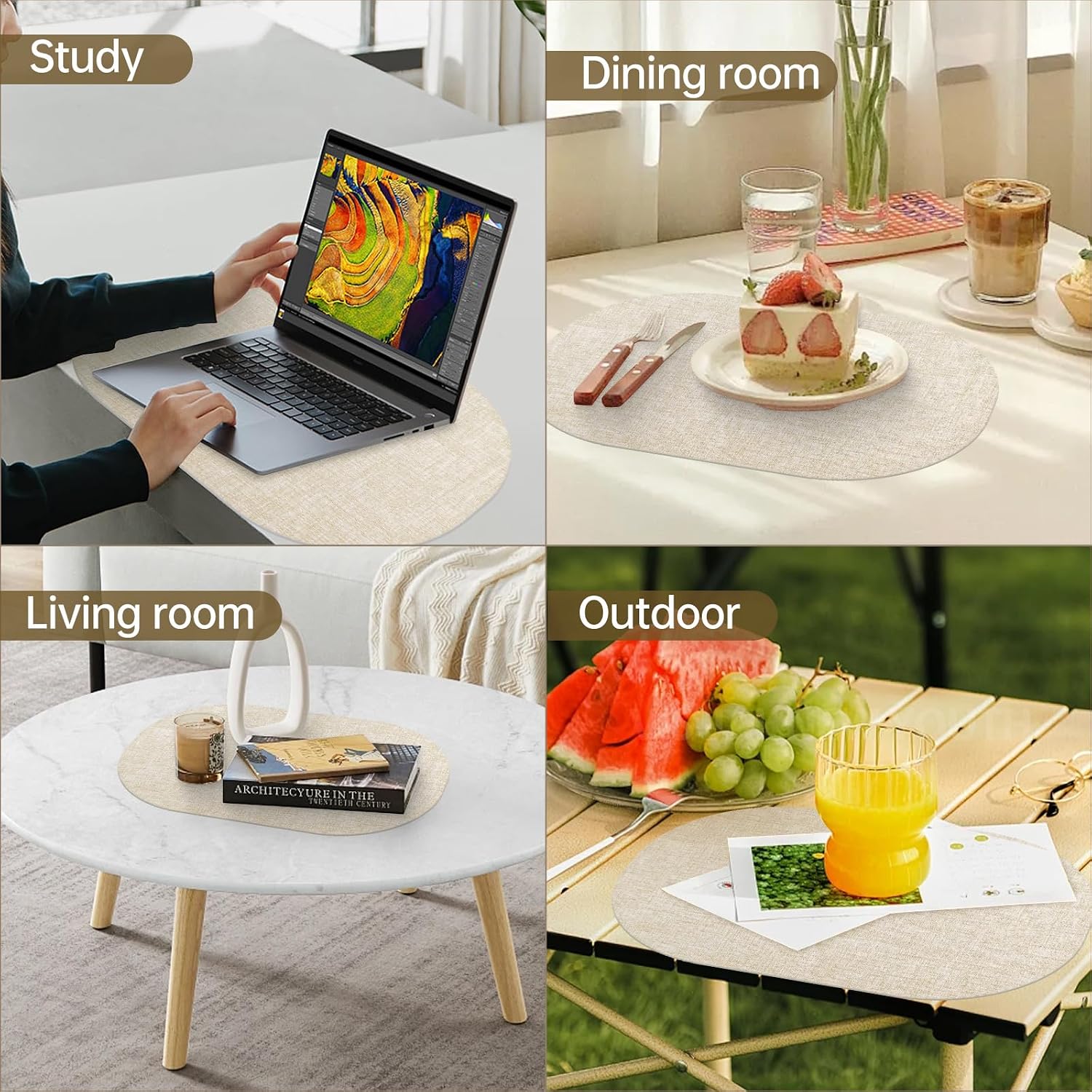 Faux Leather Placemats Set of 6 with Matching Coasters, Heat Resistant PU Oval Placemats, Waterproof Wipeable Washable