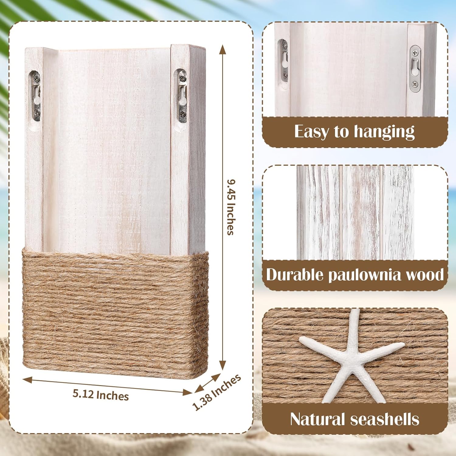 Beach Rustic Wood Wall Planter Vase Beach Room Decor Nautical Coastal / Seashell / White / Set of 2