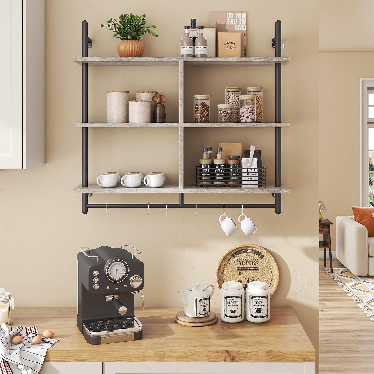 Bestier 41" Floating Kitchen Shelves Wall Mounted 3 Tier Coffee Bar Mug Shelf Hanging with 8 Hooks Display Plant Pipe