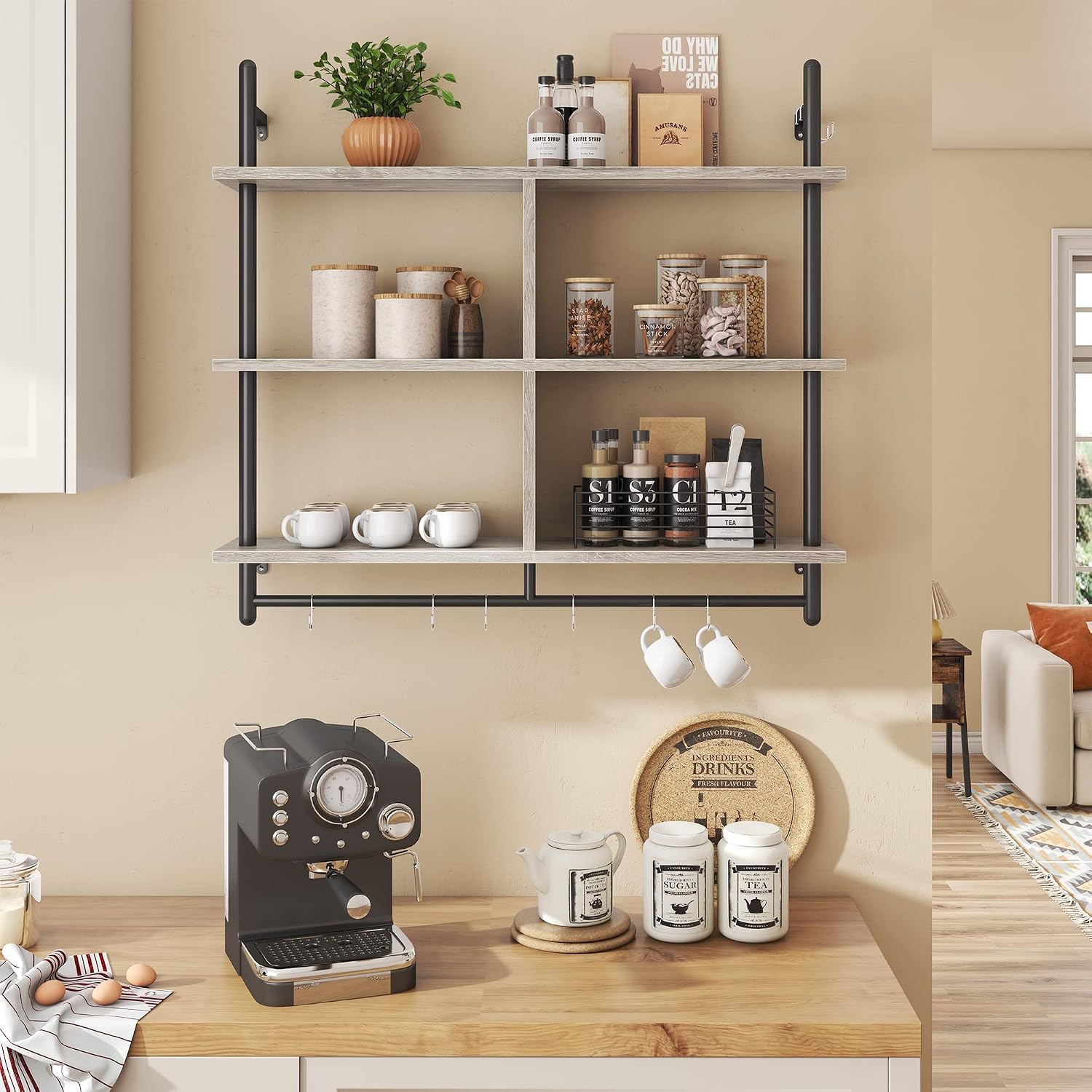 Bestier 41" Floating Kitchen Shelves Wall Mounted 3 Tier Coffee Bar Mug Shelf Hanging with 8 Hooks Display Plant Pipe