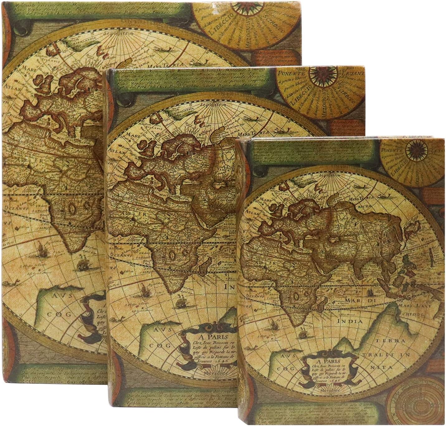 Magnetic cover / Decorative Book Boxes World Pattern Antique Book Invisible box / Map / Set of 3