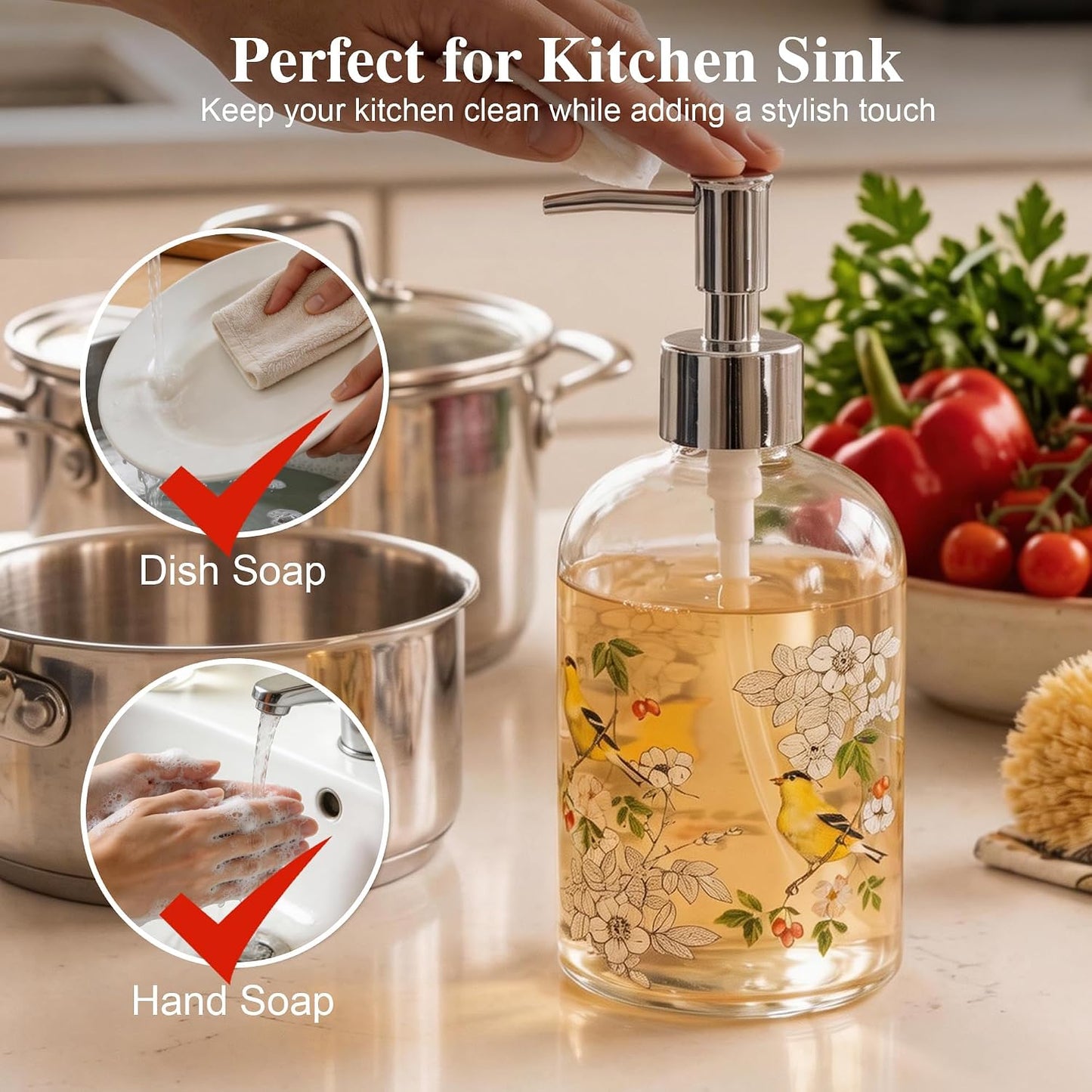 Topadorn Glass Soap Dispenser Set, Hand & Dish Soap Bottles with Pump | 2 Pack Botanical Glass Bottles • Vintage Floral