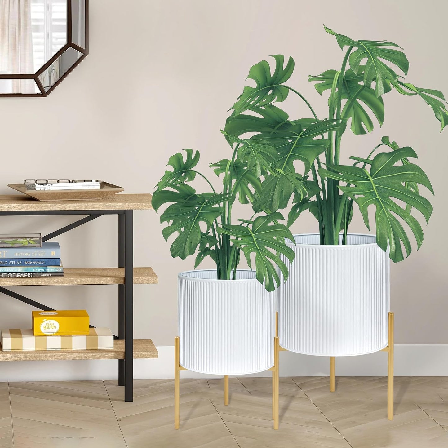 ARNIS Modern Plant Pots, Set of 2 Round Large Planters with Stand, Large Size Metal Pots with Drainage Holes for Living