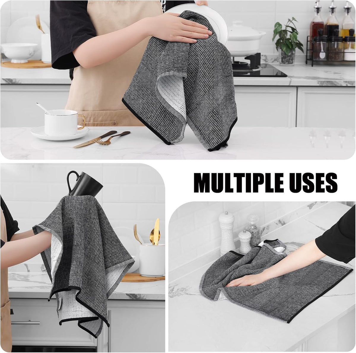 Homaxy 380 GSM Cotton Premium Kitchen Towels 8 Pack, 18"x 28", Black | Flat and Terry Dish Towels, Highly Absorbent Tea