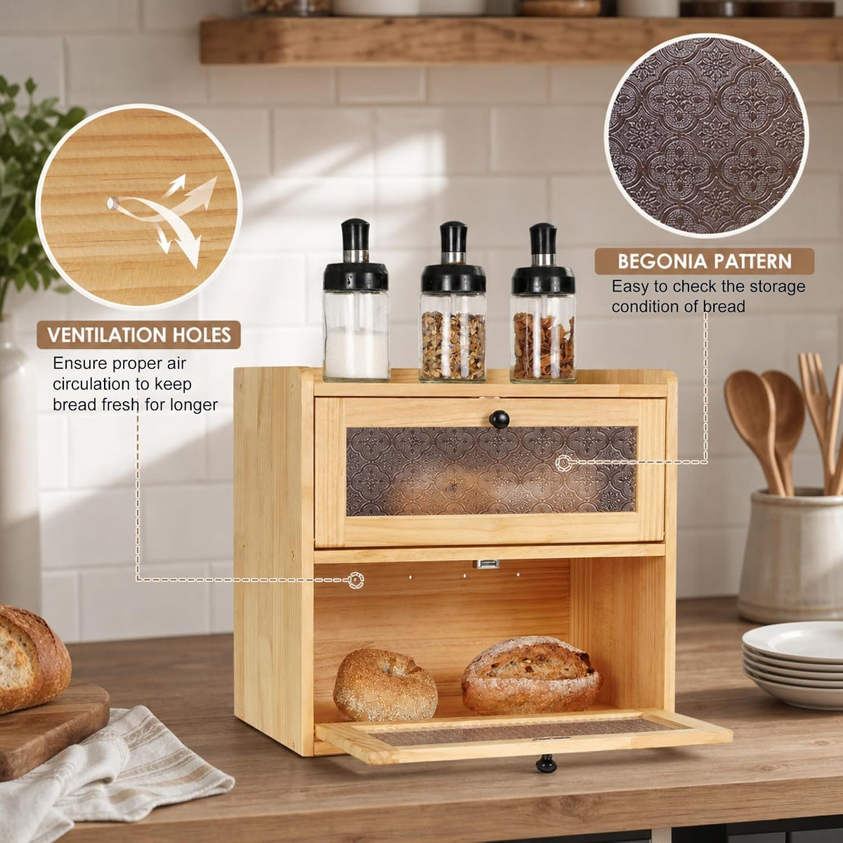 Sunhoo Bread Box for Kitchen Countertop, Large Pine Wood Breadbox, Natural | Farmhouse Pantry Container, Double Layer