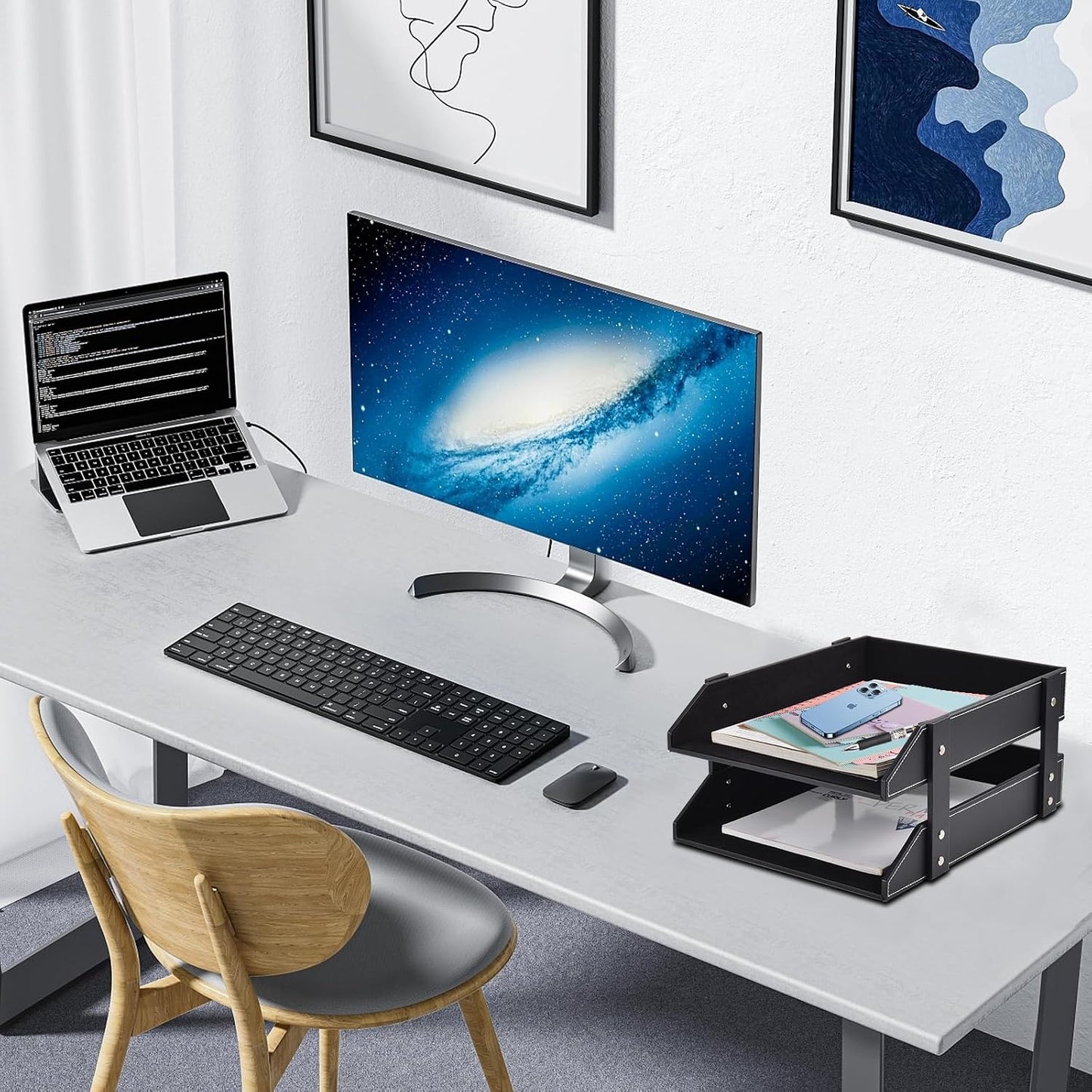 Leather Desk Organizer,2-Tier Stackable Letter Tray Holder,Office Supplies Desktop Storage Box for