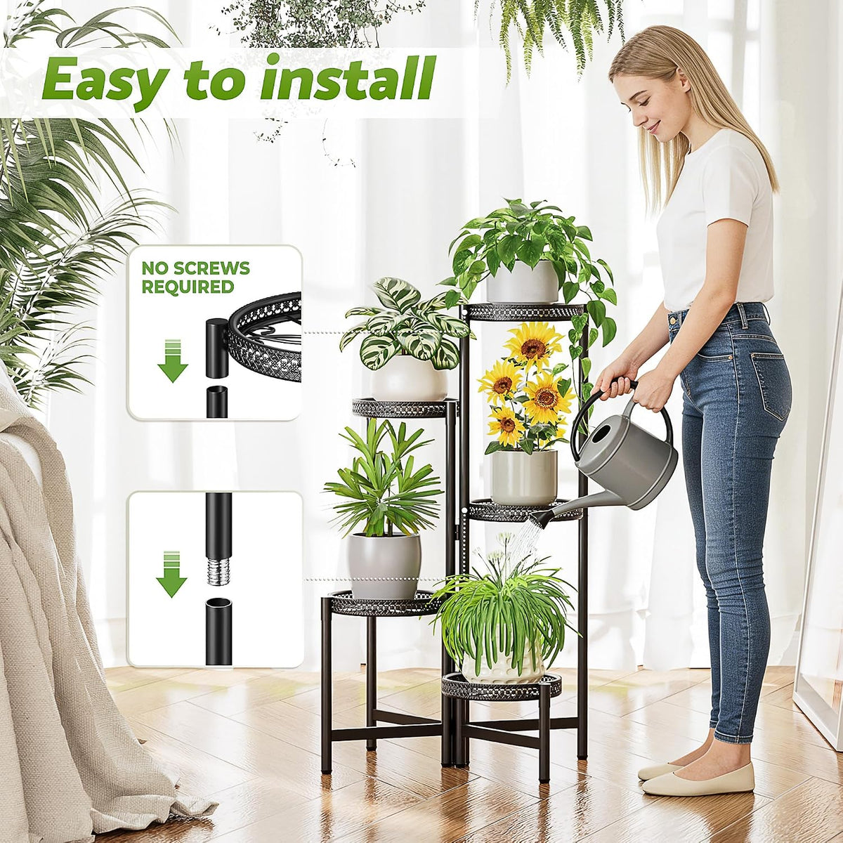 5 Tiered Tall Plant Stand Indoor Outdoor, Metral Plant Shelf for Corner Display Rack, Multi-Tier Folding Planter Pot