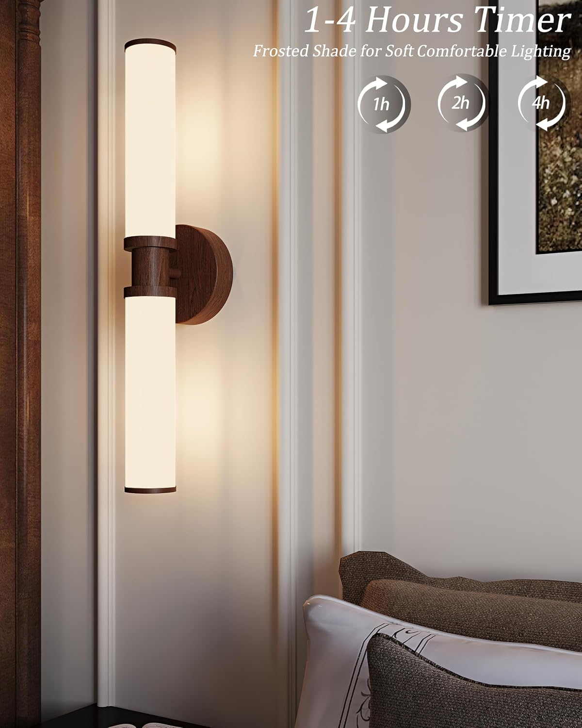 Rayogale Walnut Wireless Battery Operated Wall Sconces with Remote Control | White Glass Rechargeable Wall Lights Set