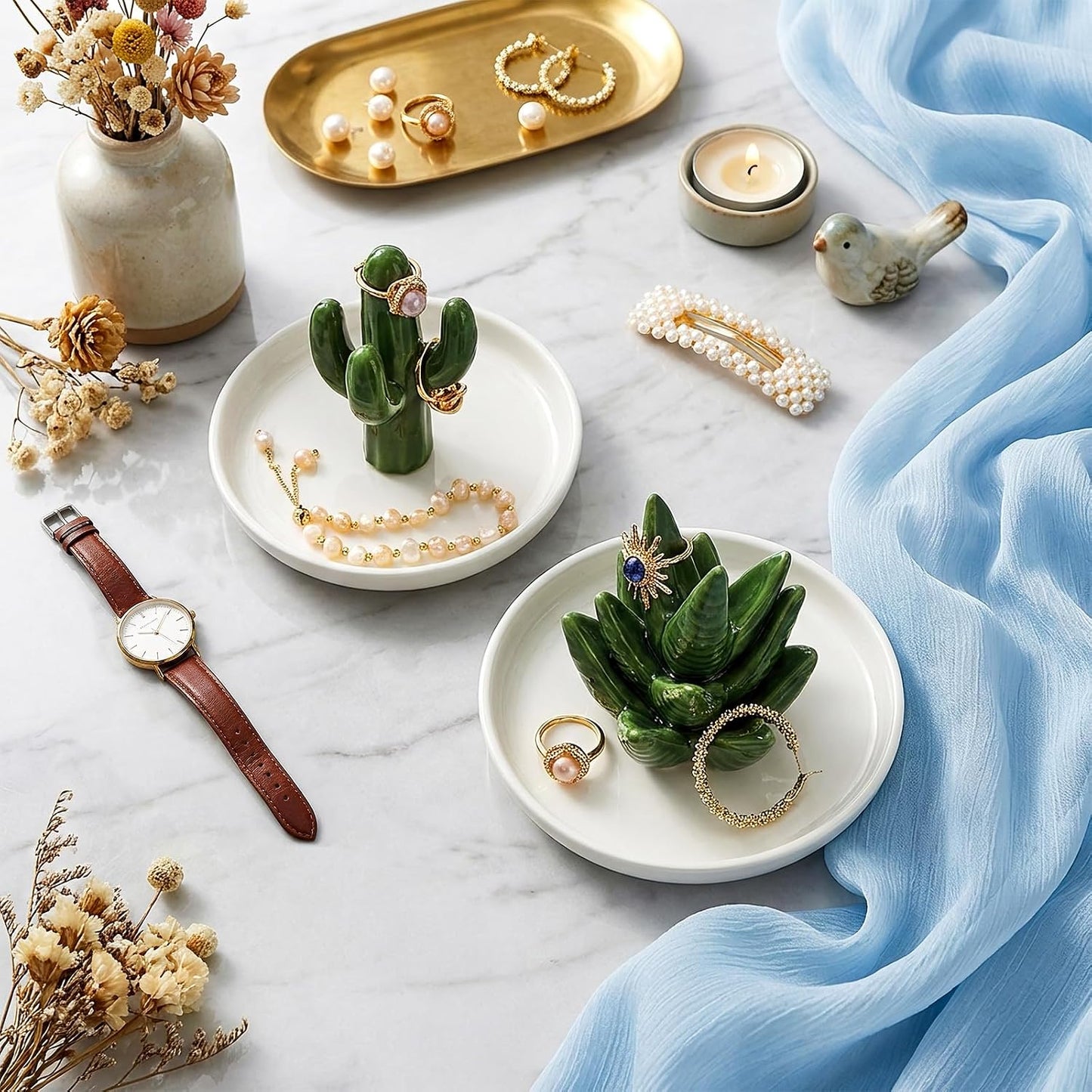 Ceramic Ring Holder Dish / Aloe & Cactus / Set of 2
