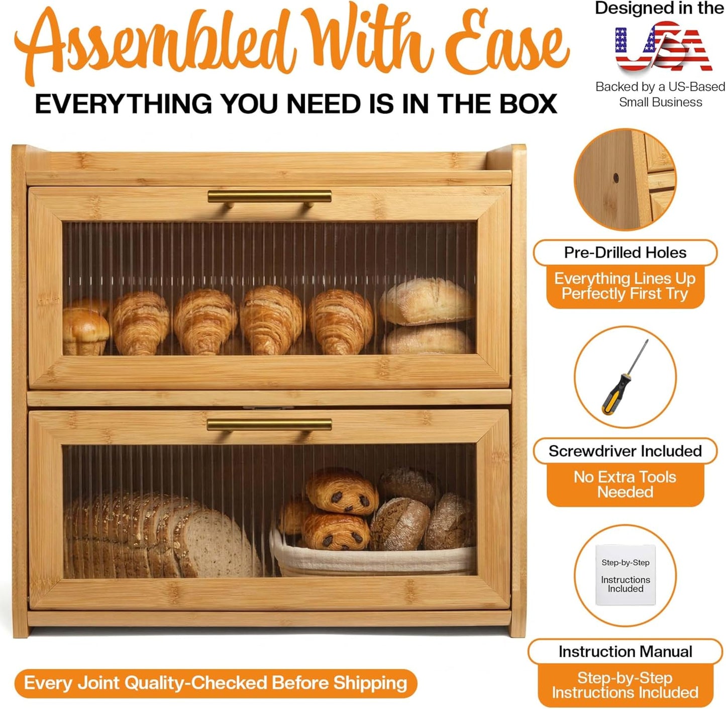 Extra Large Bamboo Bread Box for Kitchen Countertop, Double Layer Wooden Breadbox Holds Multiple Loaves of Homemade