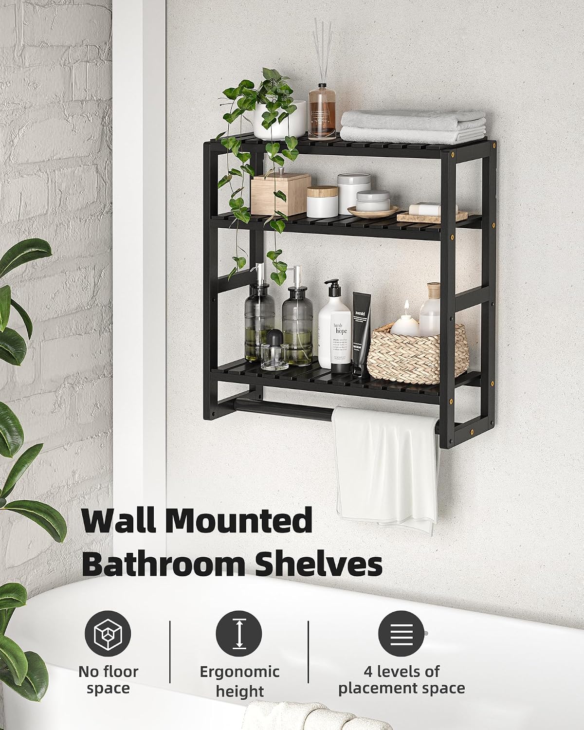 Galood Over The Toilet Storage Bathroom Shelves Wall Mounted 3 Tier Black-L | Space Saver Corner Shelf Organizer Bamboo