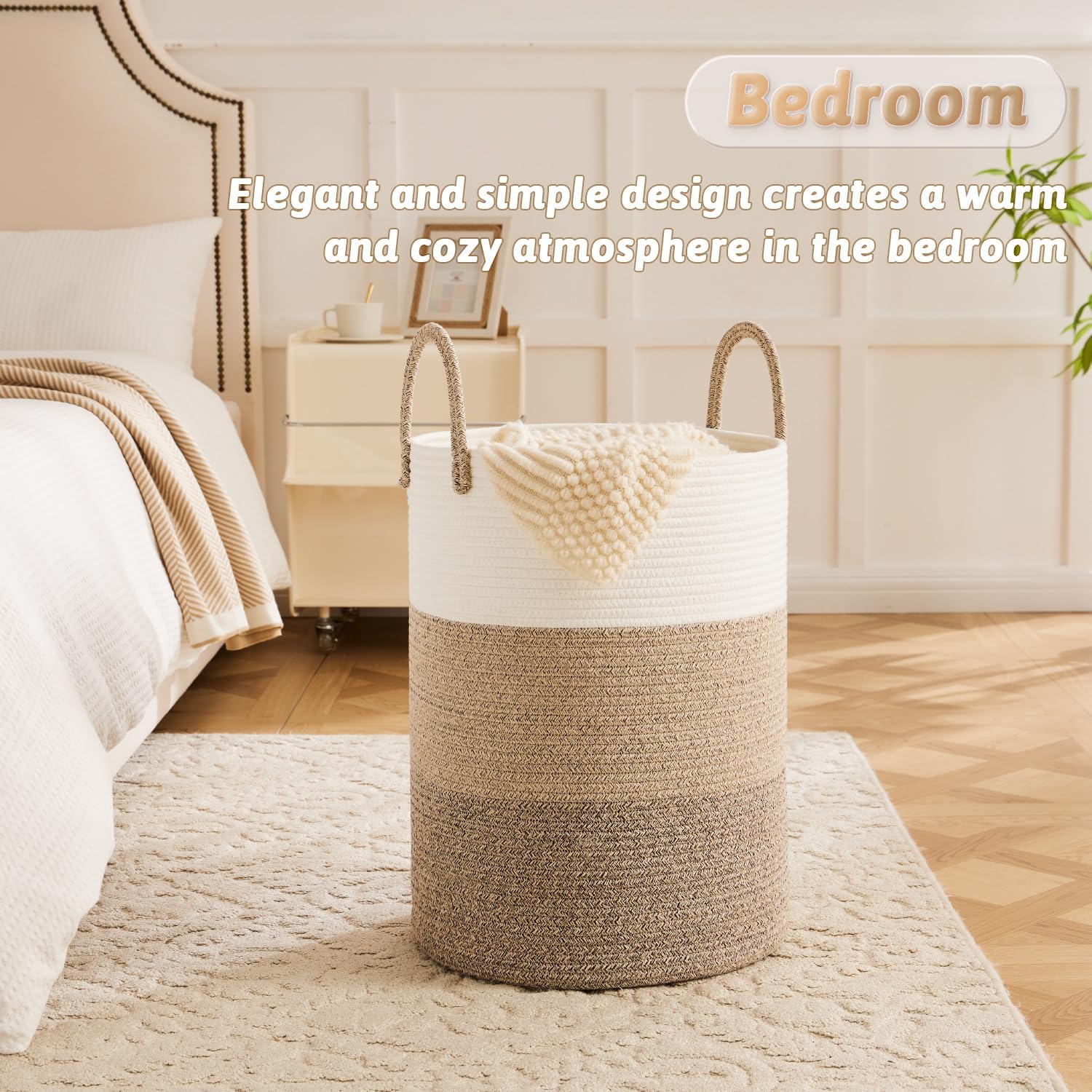 Laundry Basket / Woven Cotton Rope Laundry Hamper / Brown & White / 40L