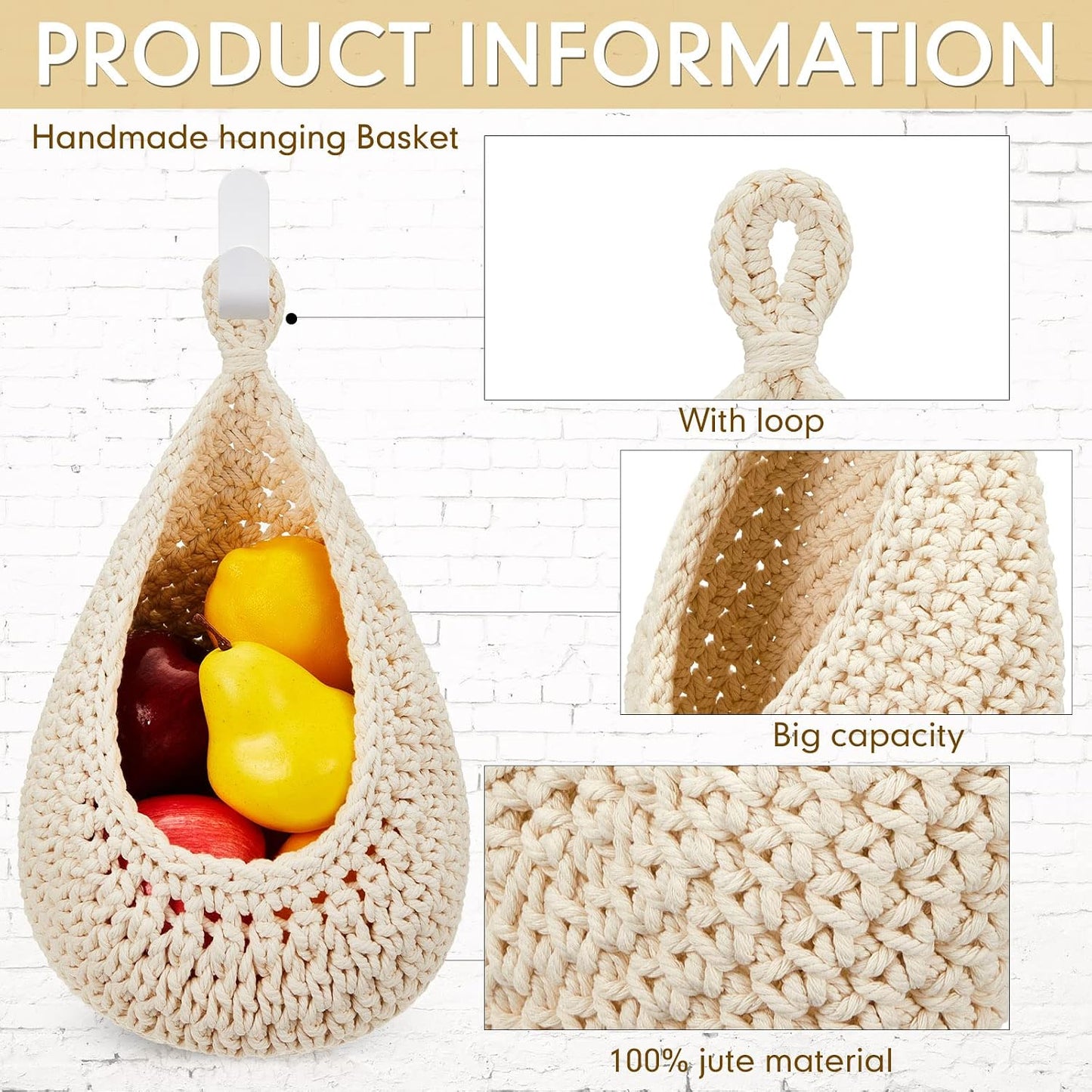 Boho Decor Hanging Wall Baskets / White / Cotton Rope / Teardrop / Set of 3