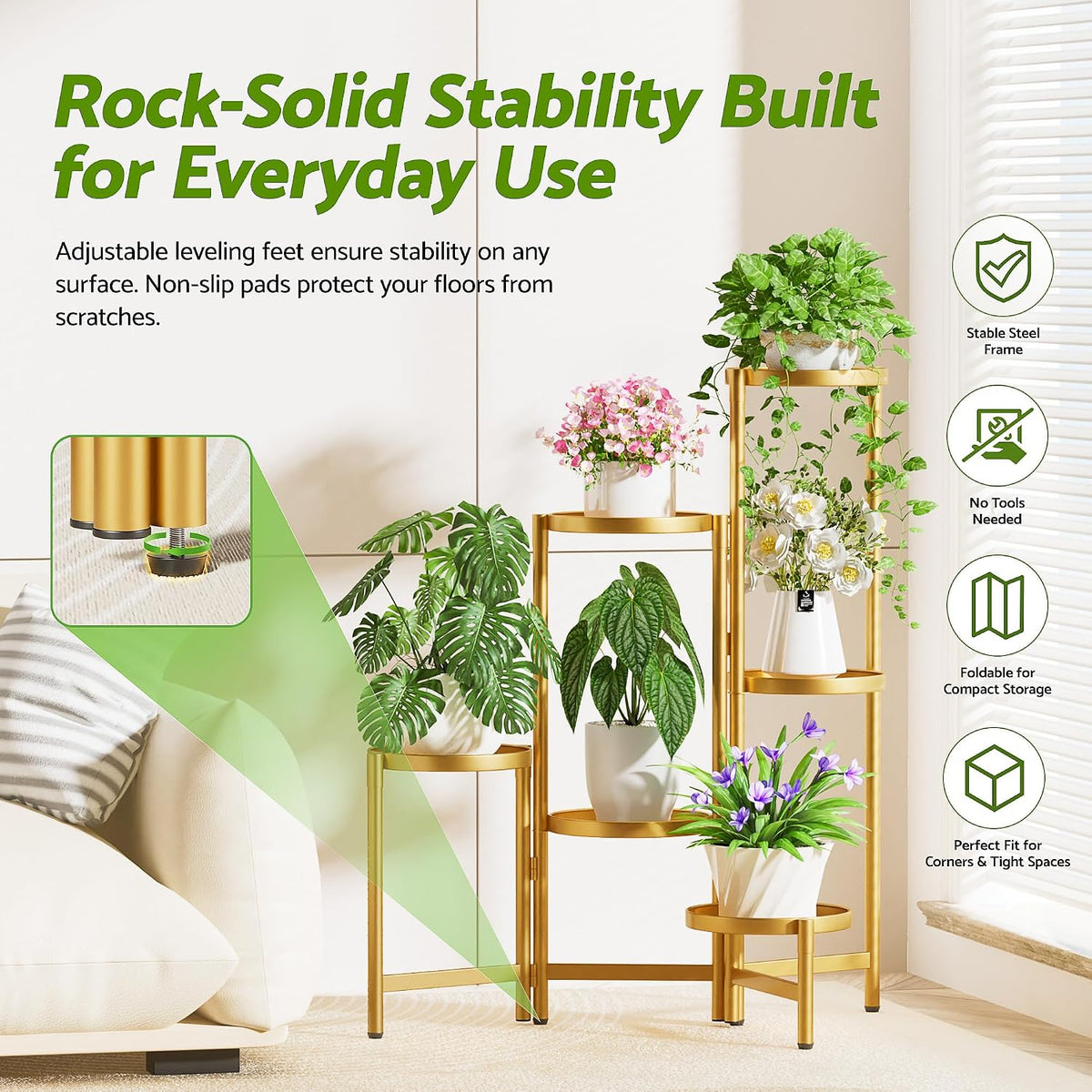 6 Tiered Plant Stand Indoor for Multiple Large Planter, Tall Heavy Duty Adjustable Folding Rack with Rustproof 7.9 Inch