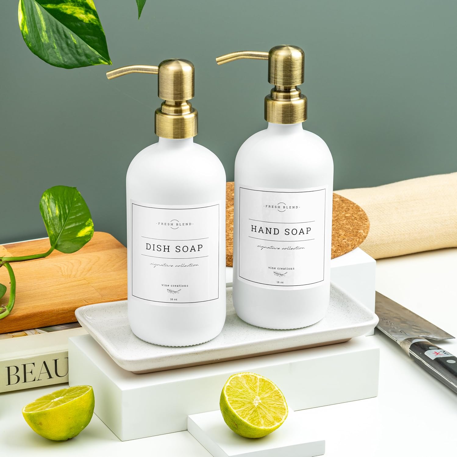 Vine Creations Glass Soap Dispenser, 2 Pack Kitchen Soap Dispenser Set with Ceramic Tray, Stainless Steel Pump, Dish