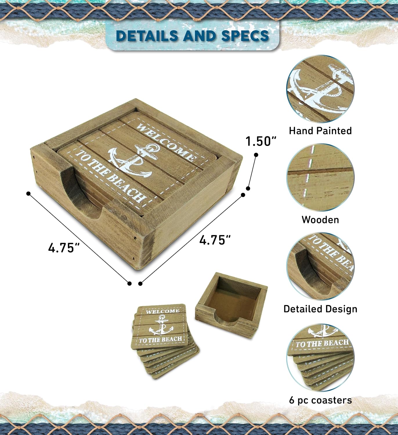 COTA Global Nautical Wooden Coaster and Holder Set