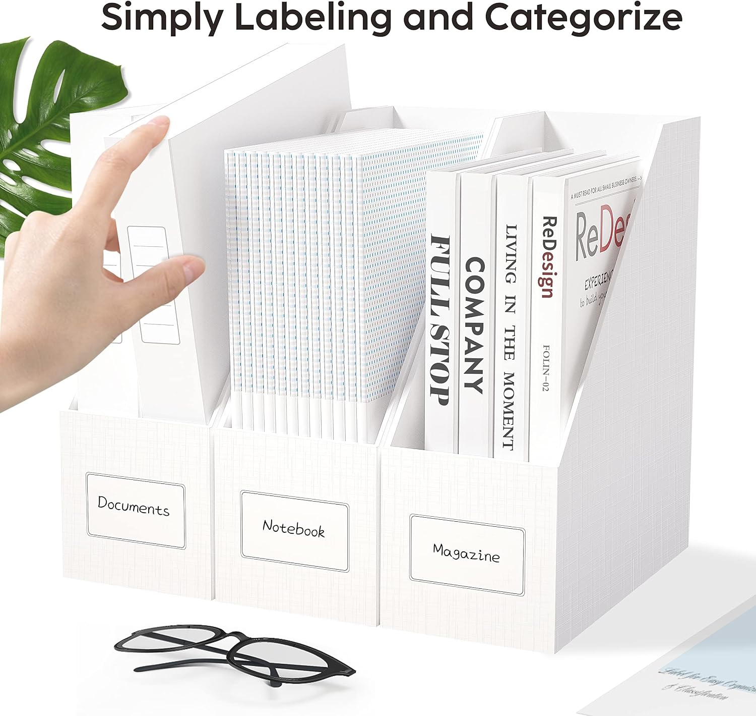White Magazine File Holders，3 Packs Cardboard File Rack, Folder Holder | Sturdy Cardboard Desktop Storage File Box