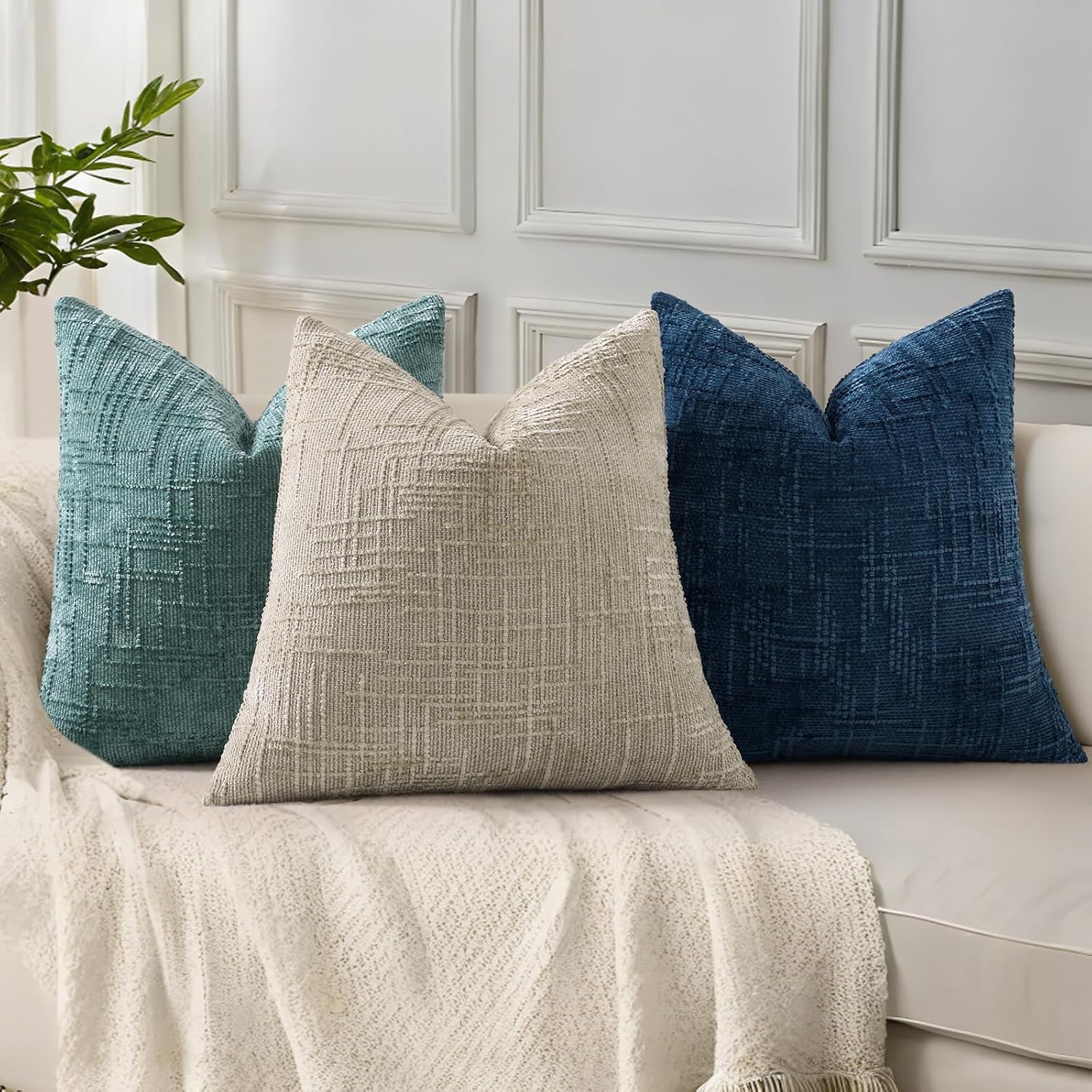 Fall Chenille Throw Pillow Covers Textured Soft Slubby Couch / Light Brown / 18 x 18 / Set of 2