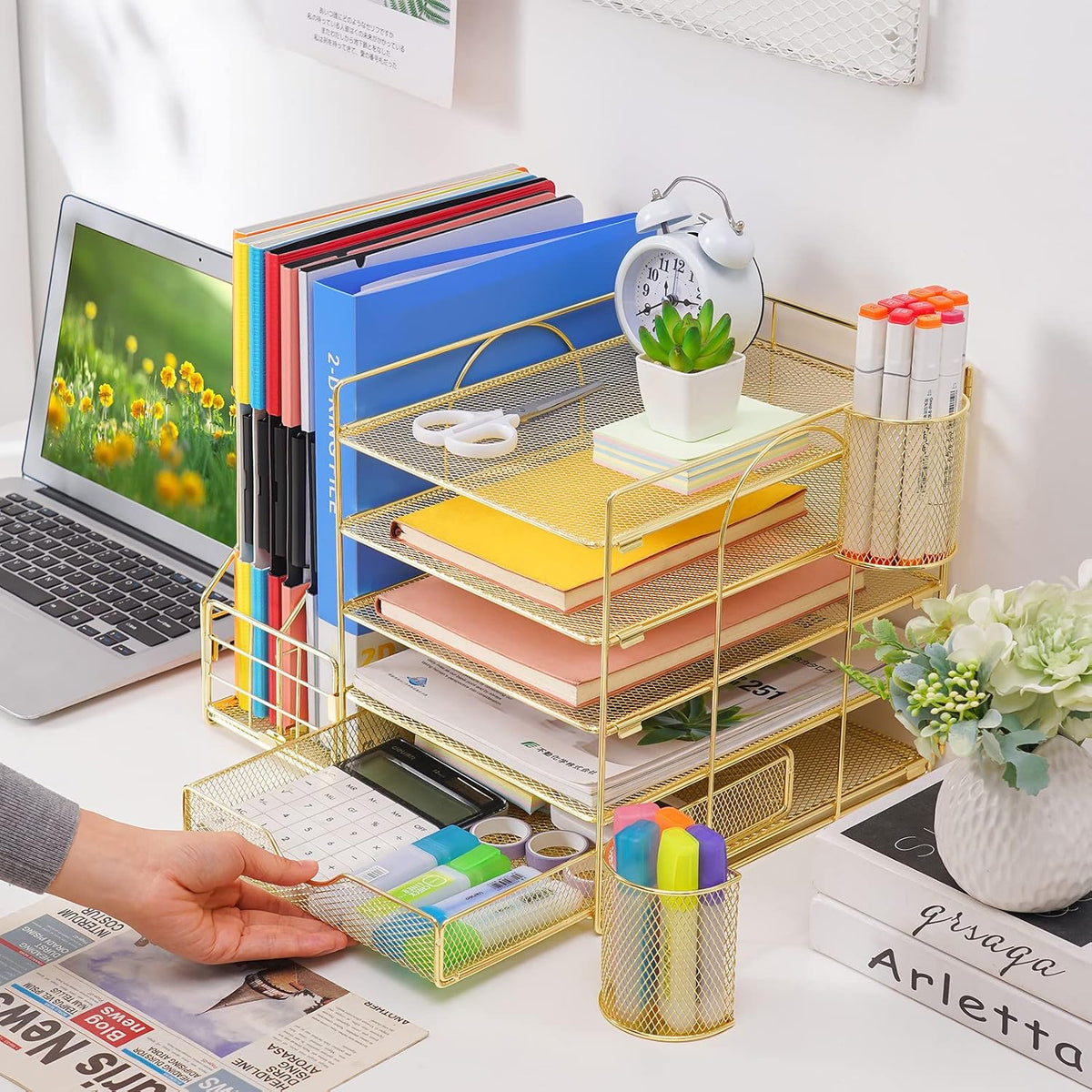 Marbrasse Desk Organizer with File Holder, 5-Tier Paper Letter Tray Organizer with Drawer and 2 Pen Holder, Mesh