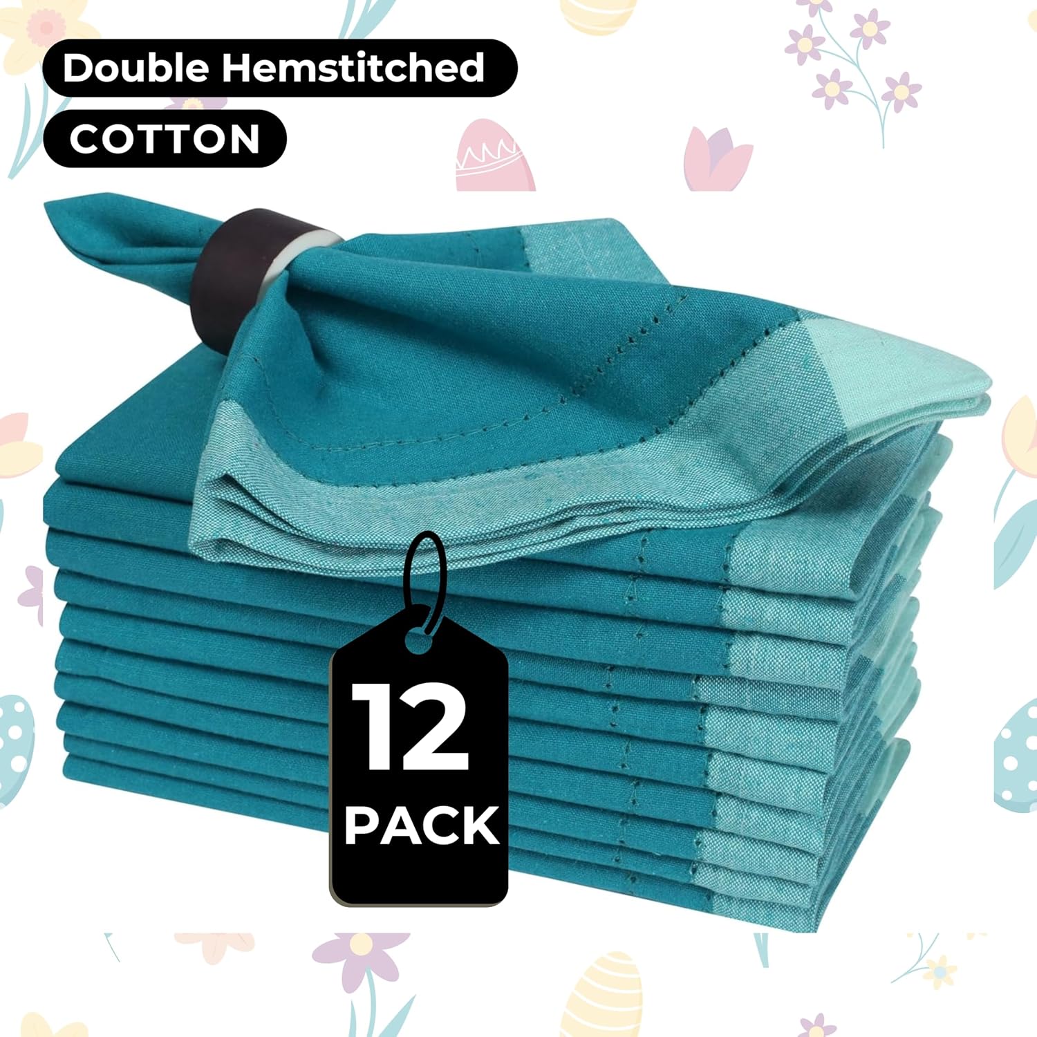 Bedding Craft Cotton Cloth Dinner Napkins Set of 12 – 20x20 Teal Multi Double Hemstitched – Machine Washable Reusable