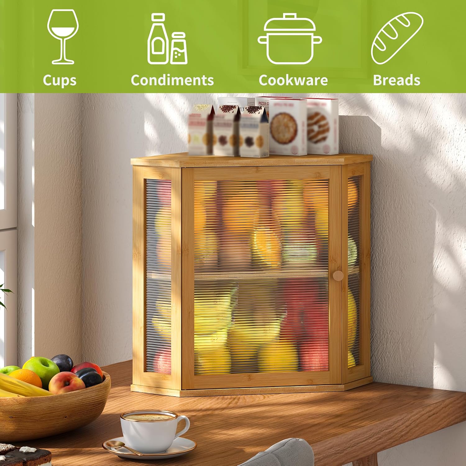 BMOSU Corner Bread Box for Kitchen Countertop Double Layer Bamboo Wooden Bread box Large Capacity Bread Storage