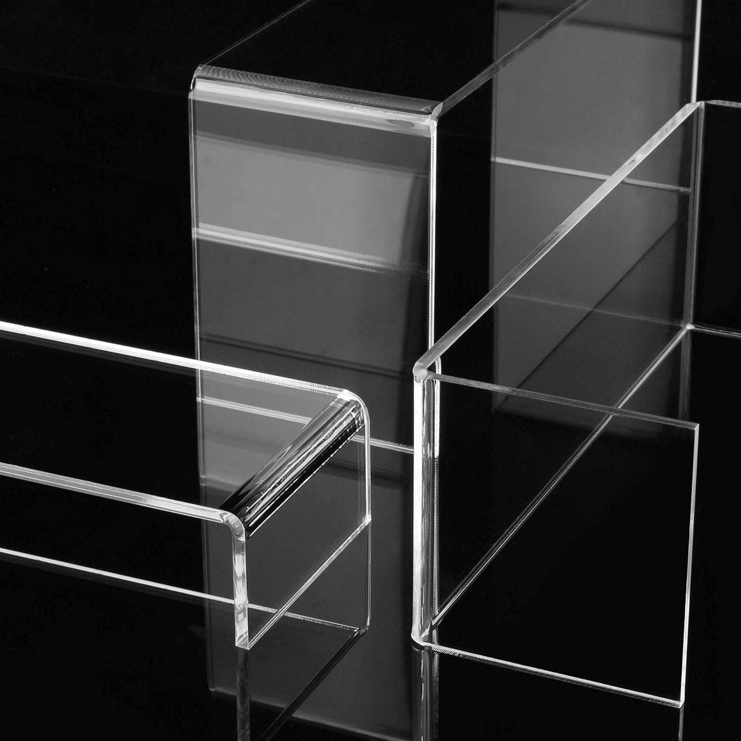 Large Acrylic Display Risers, 2 Sets(11.2”L~11.6”L~12”L) Clear Rectangular Showcase Collectibles Display Shelf, Retail