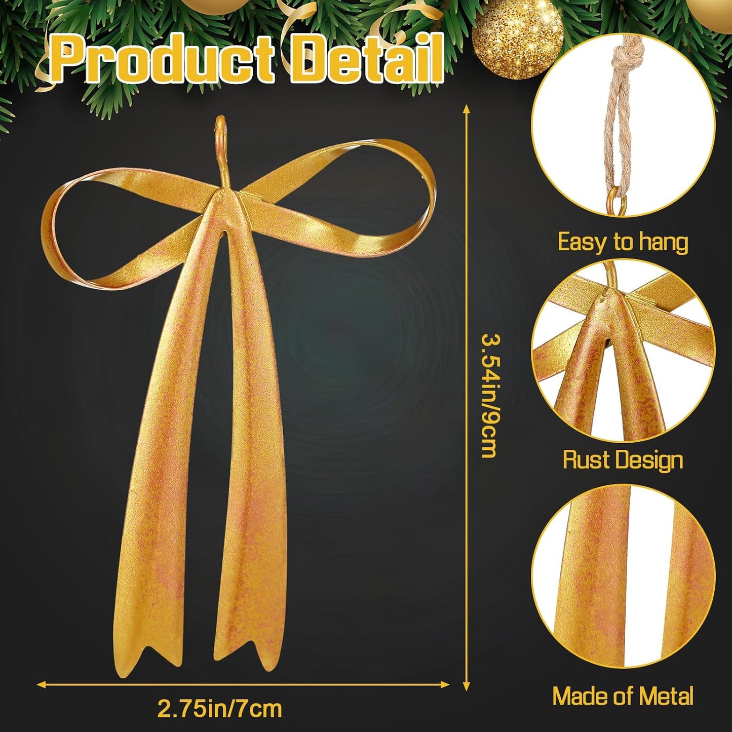 Brass Bow Metal Christmas Ornaments Vintage Rust Bow Hanging / Gold / 3.5 x 2.8 / Set of 12