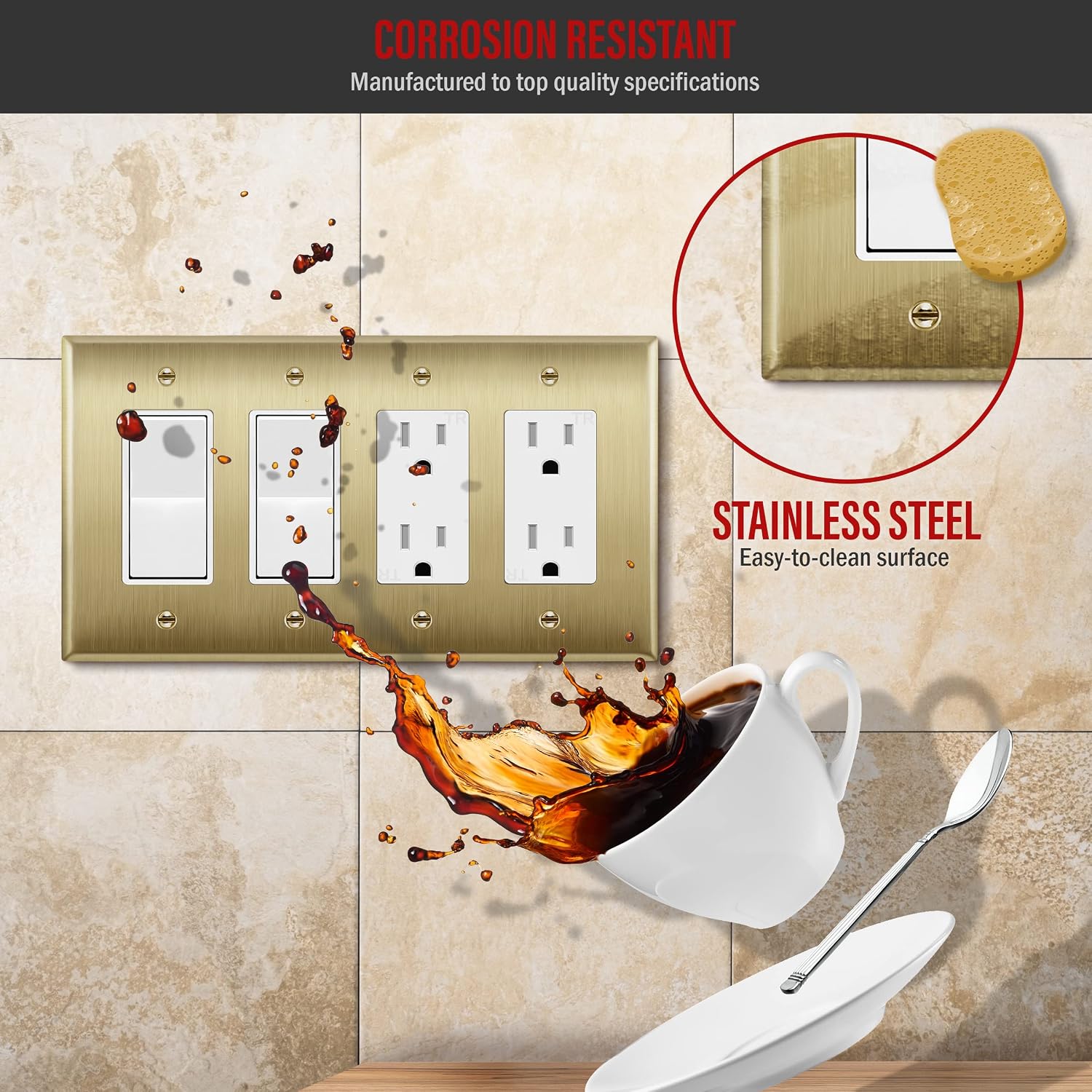 ENERLITES Quad Decorator Metal Wall Plate, Decorator Switch Receptacle Cover, Corrosion Resistant, Stainless Steel 201