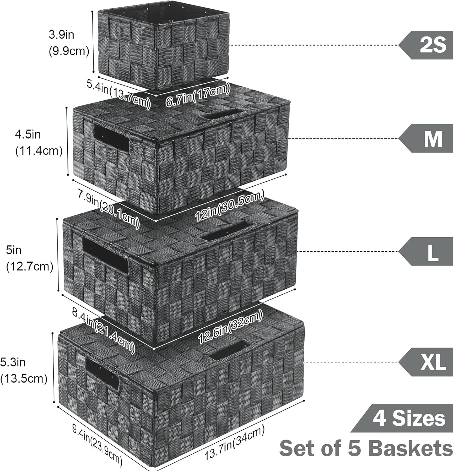 Woven Storage Box Organizer Containers Decorative Baskets Cube / Grey / with Lids / Set of 5