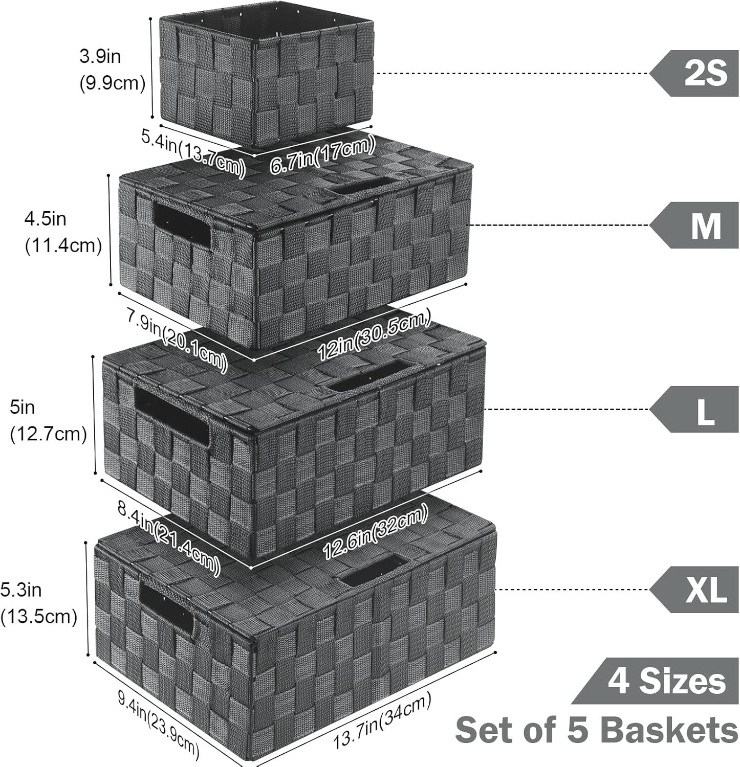Woven Storage Box Organizer Containers Decorative Baskets Cube / Grey / with Lids / Set of 5