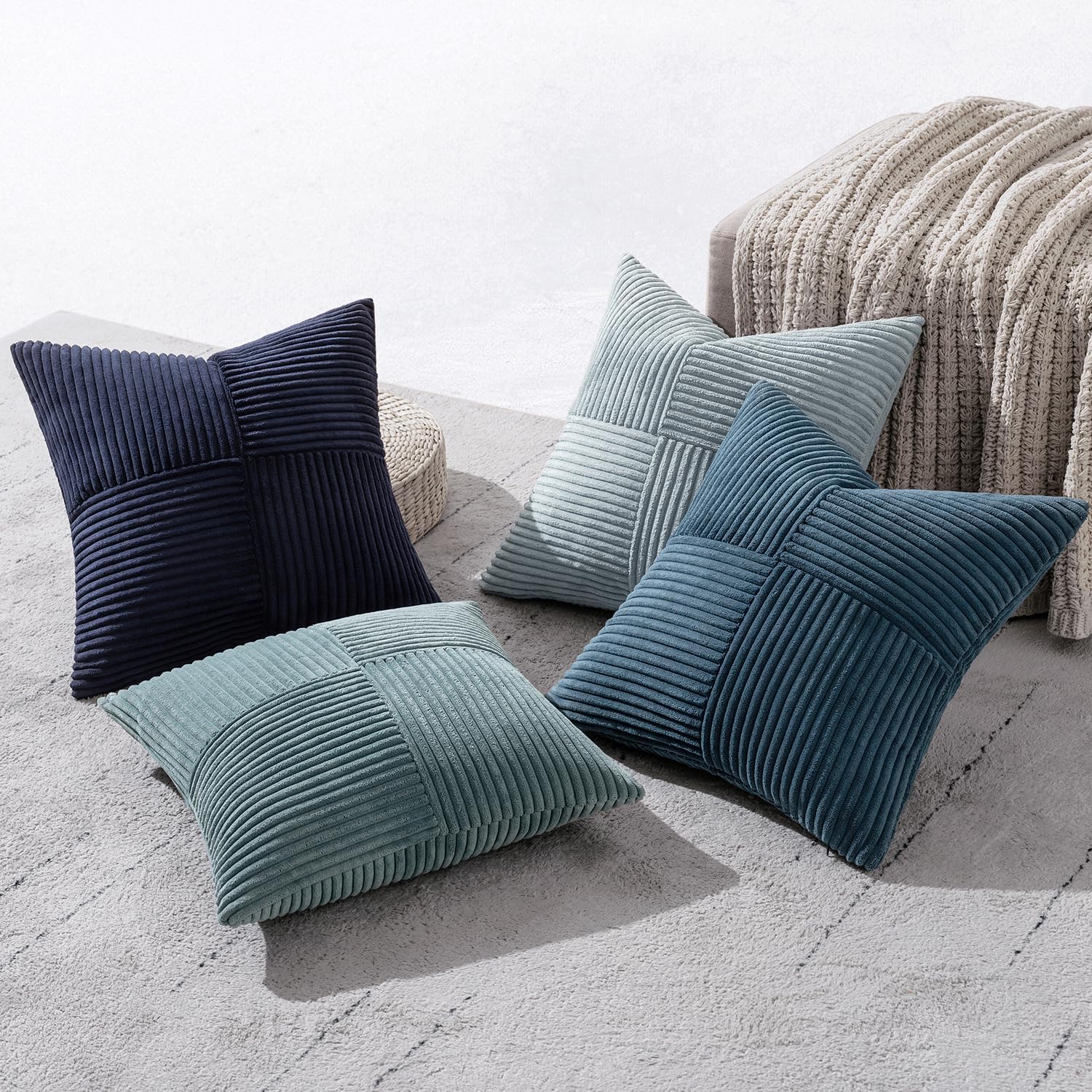 Dusty Blue Navy Farmhouse Throw Pillow Covers Boho Patchwork / 18 x 18 / Dark Blue / Set of 4