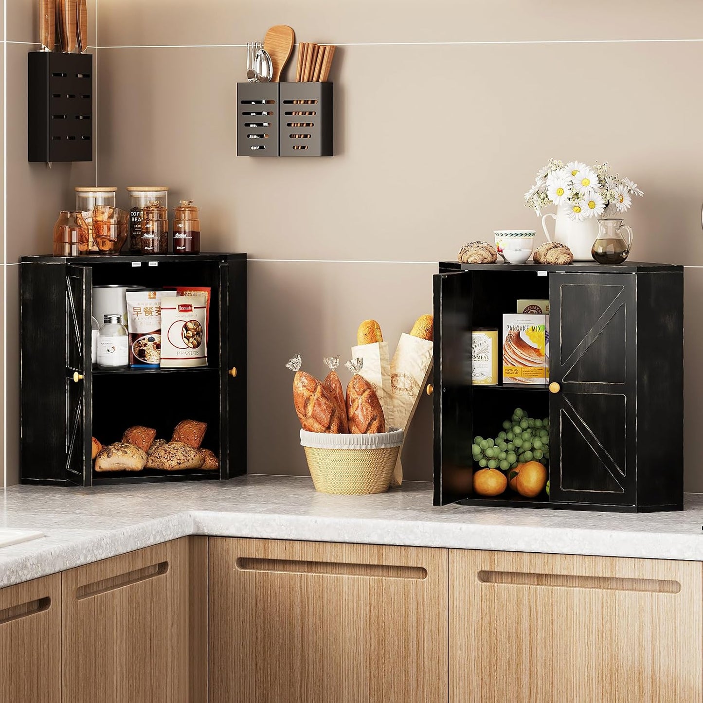 Trironsun Corner Bread Box for Kitchen Counter Double Layer Bamboo Bread Storage Container Large Capacity Bread Storage
