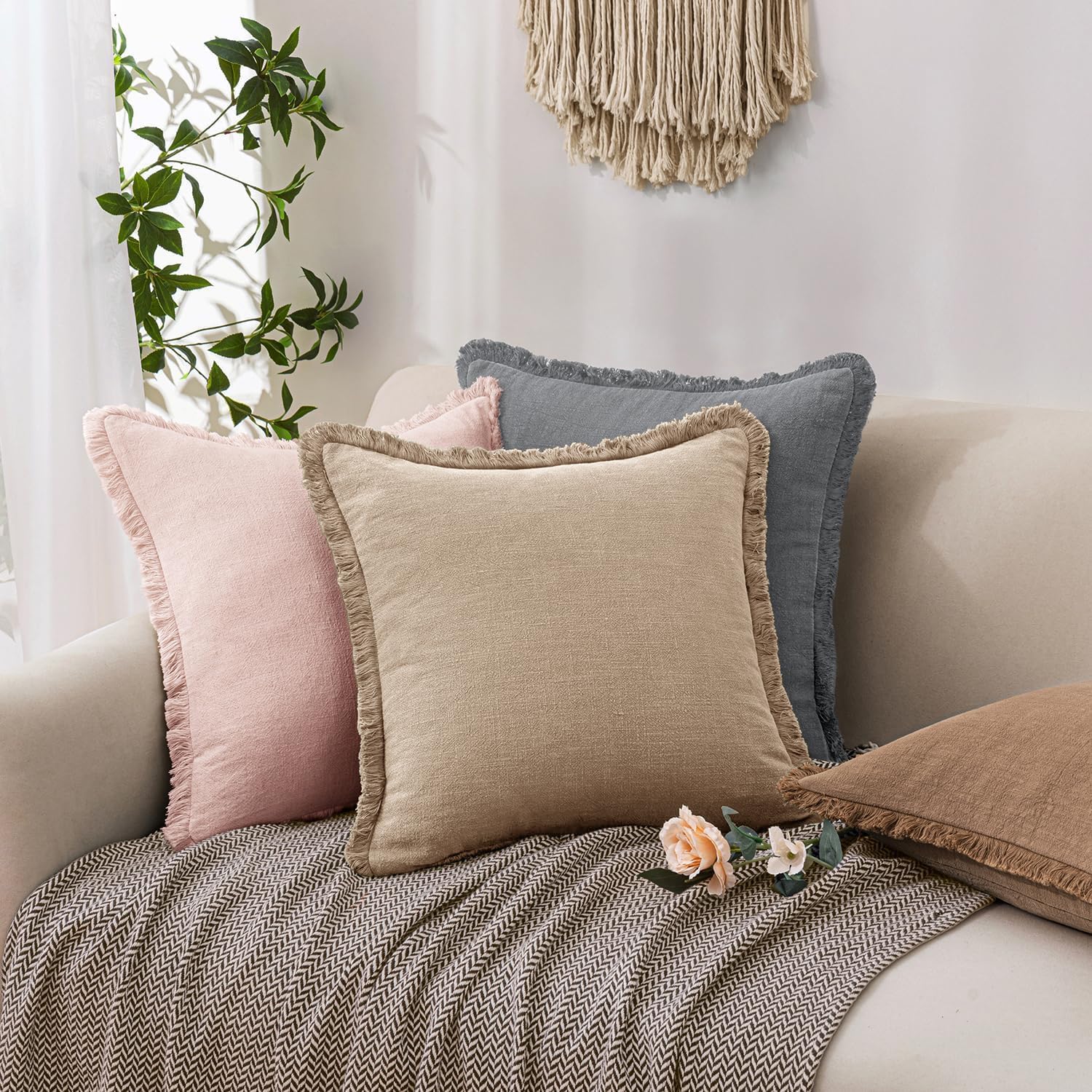 Decorative Linen Fringe Throw Pillow Covers Boho Accent Farmhouse / 20 x 20 / Camel / Set of 2